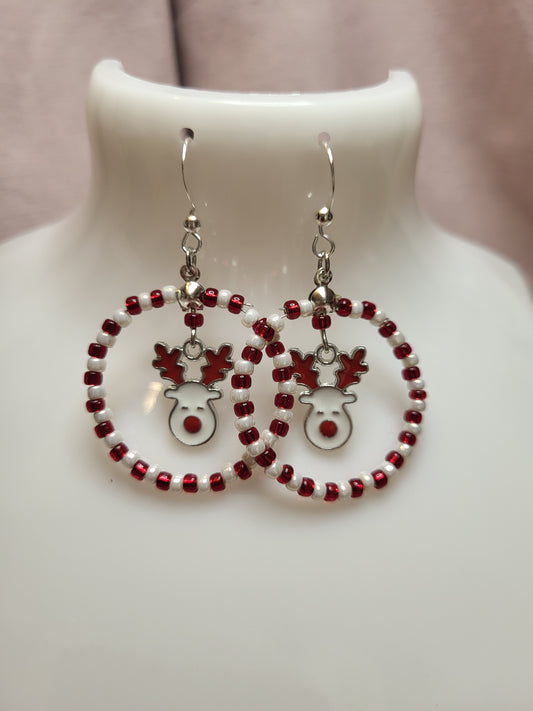 Red and White Rudolph Beaded Ring Earrings. Clip On or Nickel Free Wires. Reindeer Earrings. Christmas Jewellery.