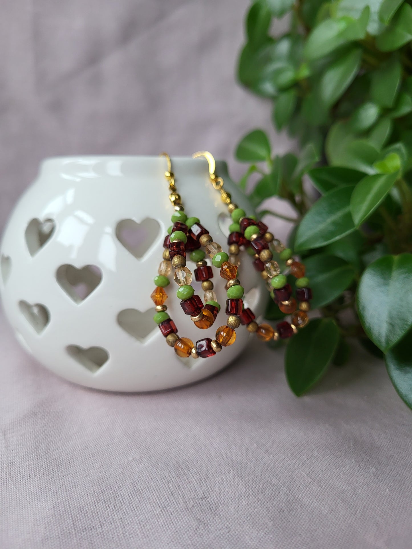 Autumnal Colours Beaded Earrings. Upcycled. Clip On or Wires