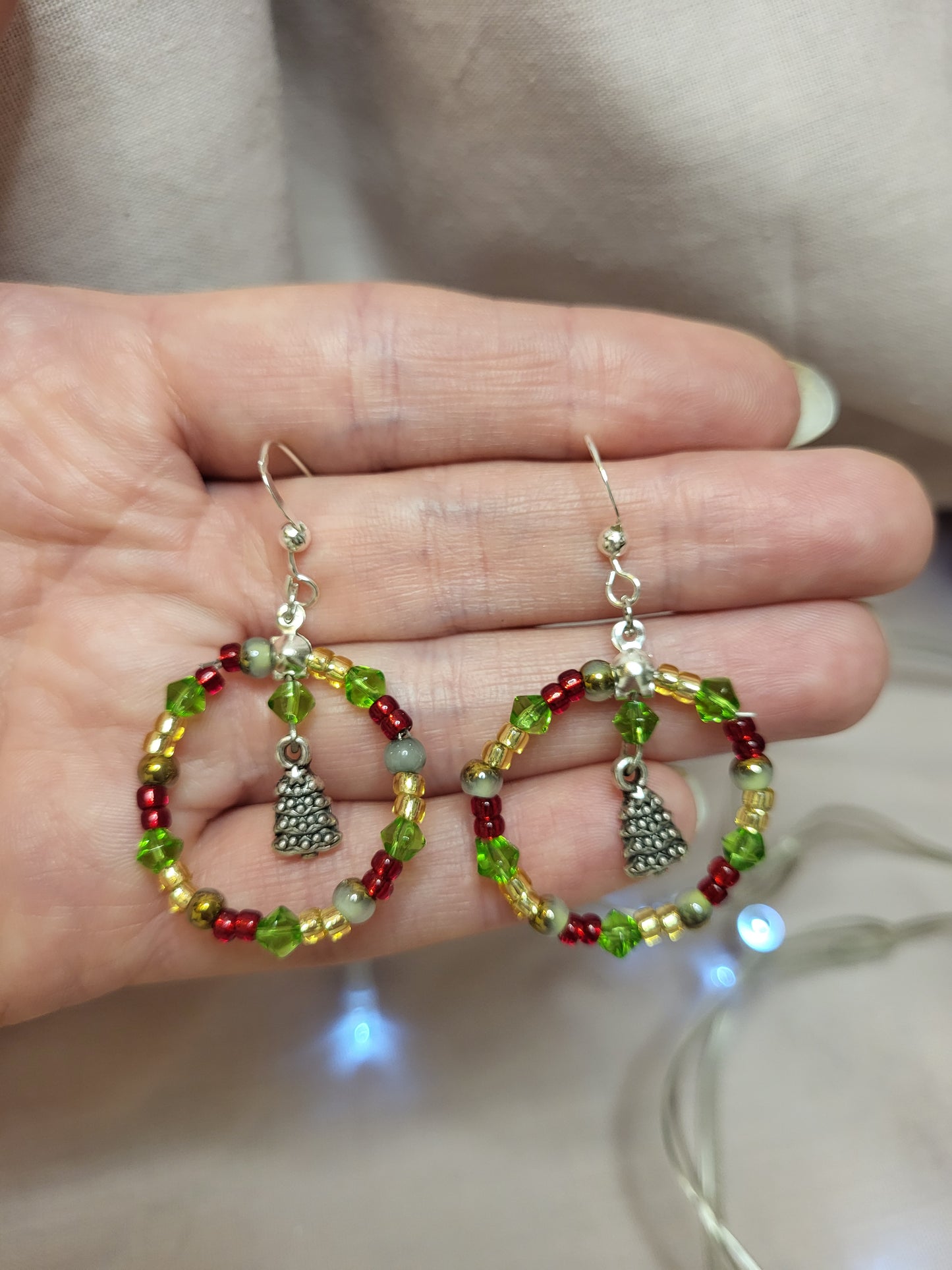 Green, Red and Gold Beaded Christmas Tree Ring Earrings. Clip On or Nickel Free. One of a Kind