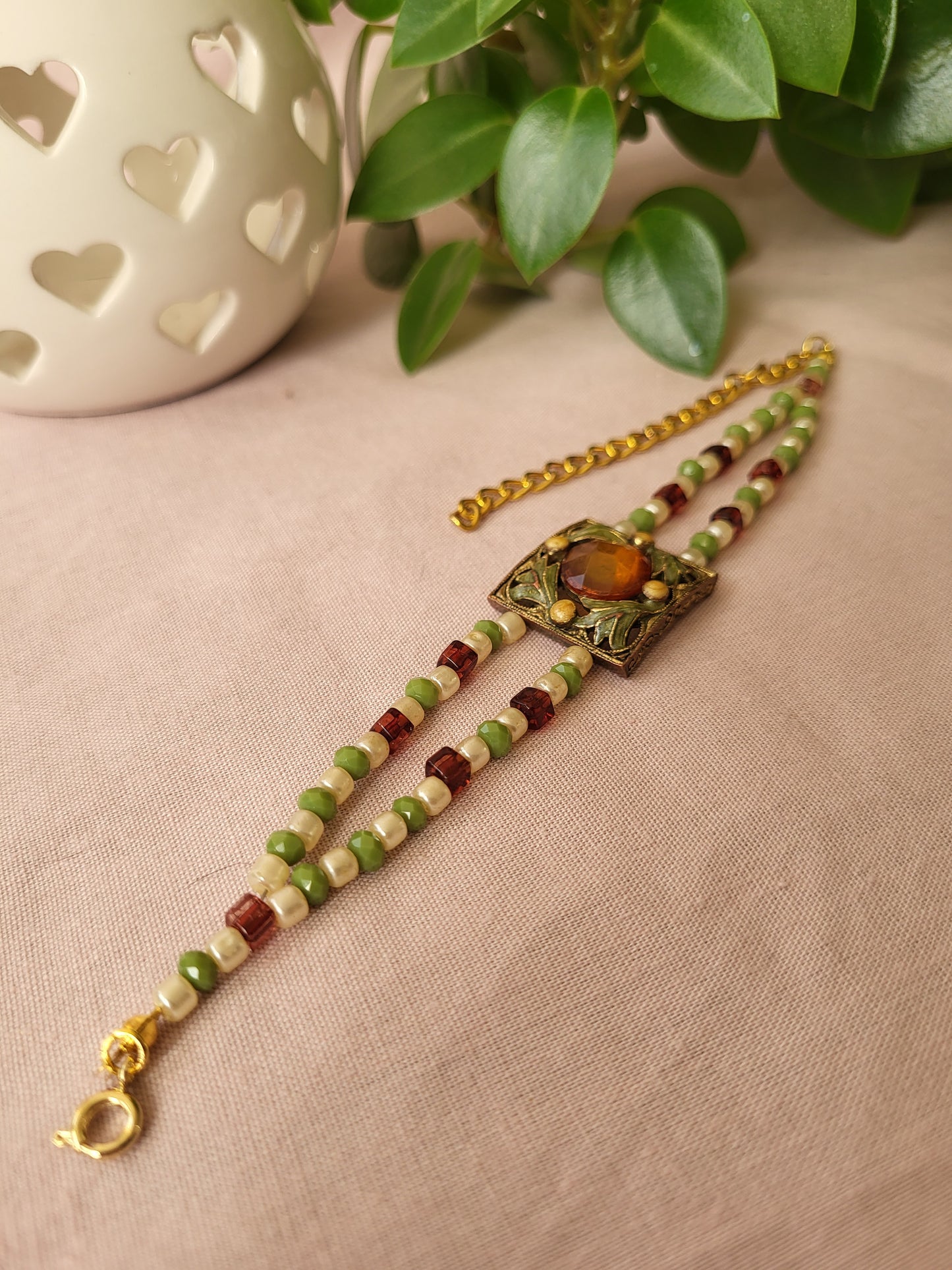 Upcycled Green, Ivory and Dark Red Beaded Bracelet with Ornate Pendant