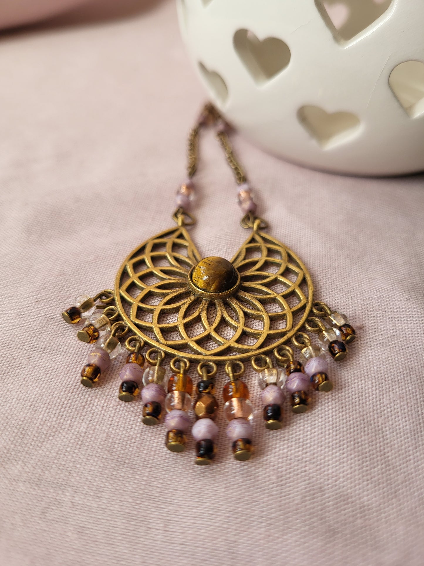 Gold Tone Pendant with Beaded Tassels. Upcycled and One of a Kind