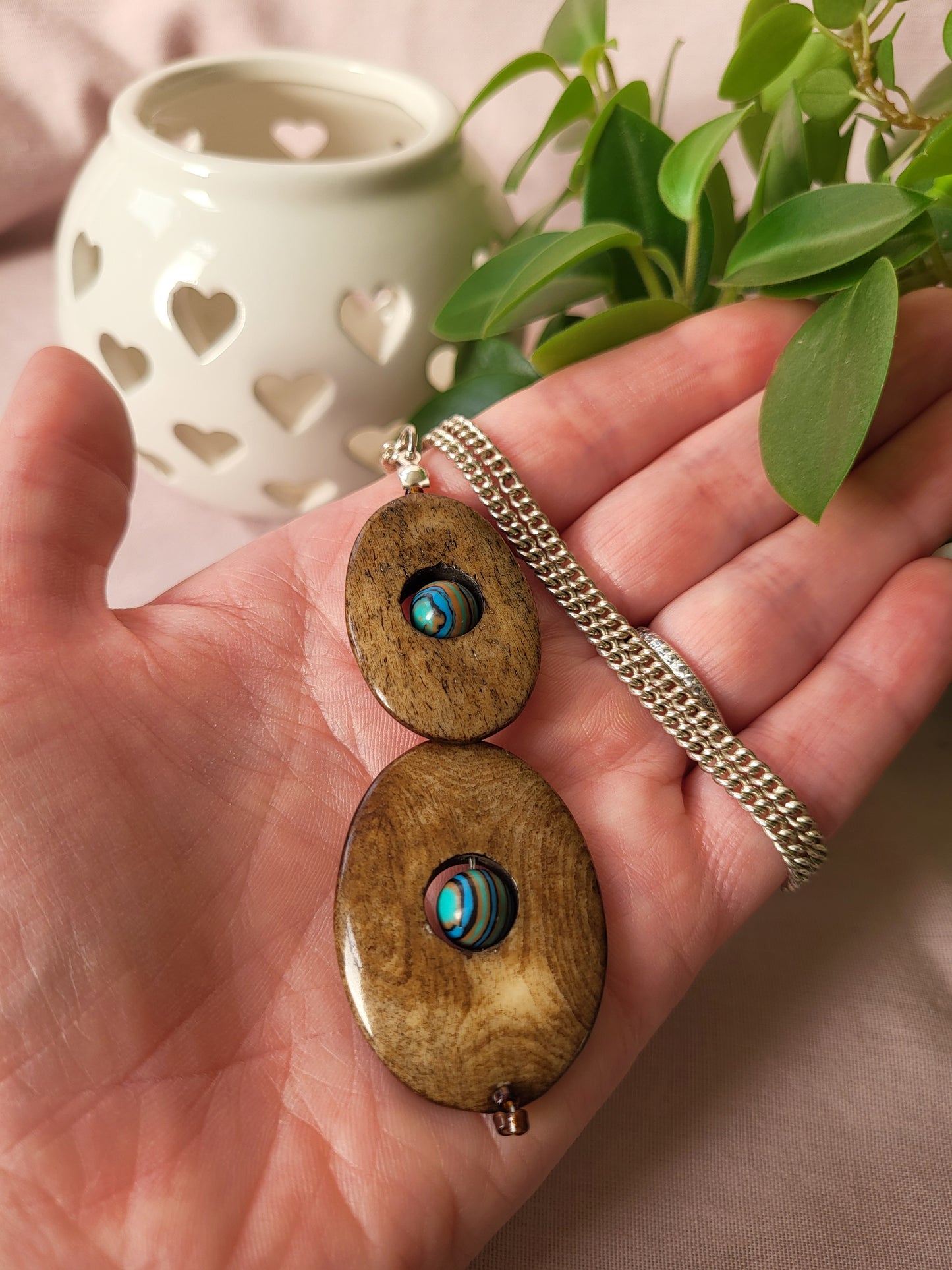 Wood Effect Double Oval Pendant with Blue Malachite Centre. Upcycled and One of a Kind