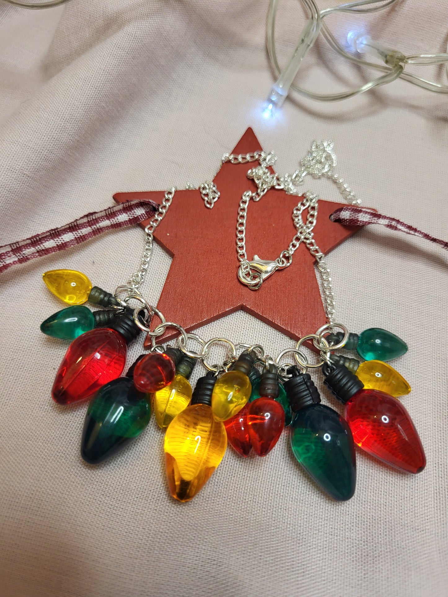 Red, Green and Gold Christmas Lights Statement Bib Necklace. Fairy Lights Necklace. Christmas Lover Jewellery