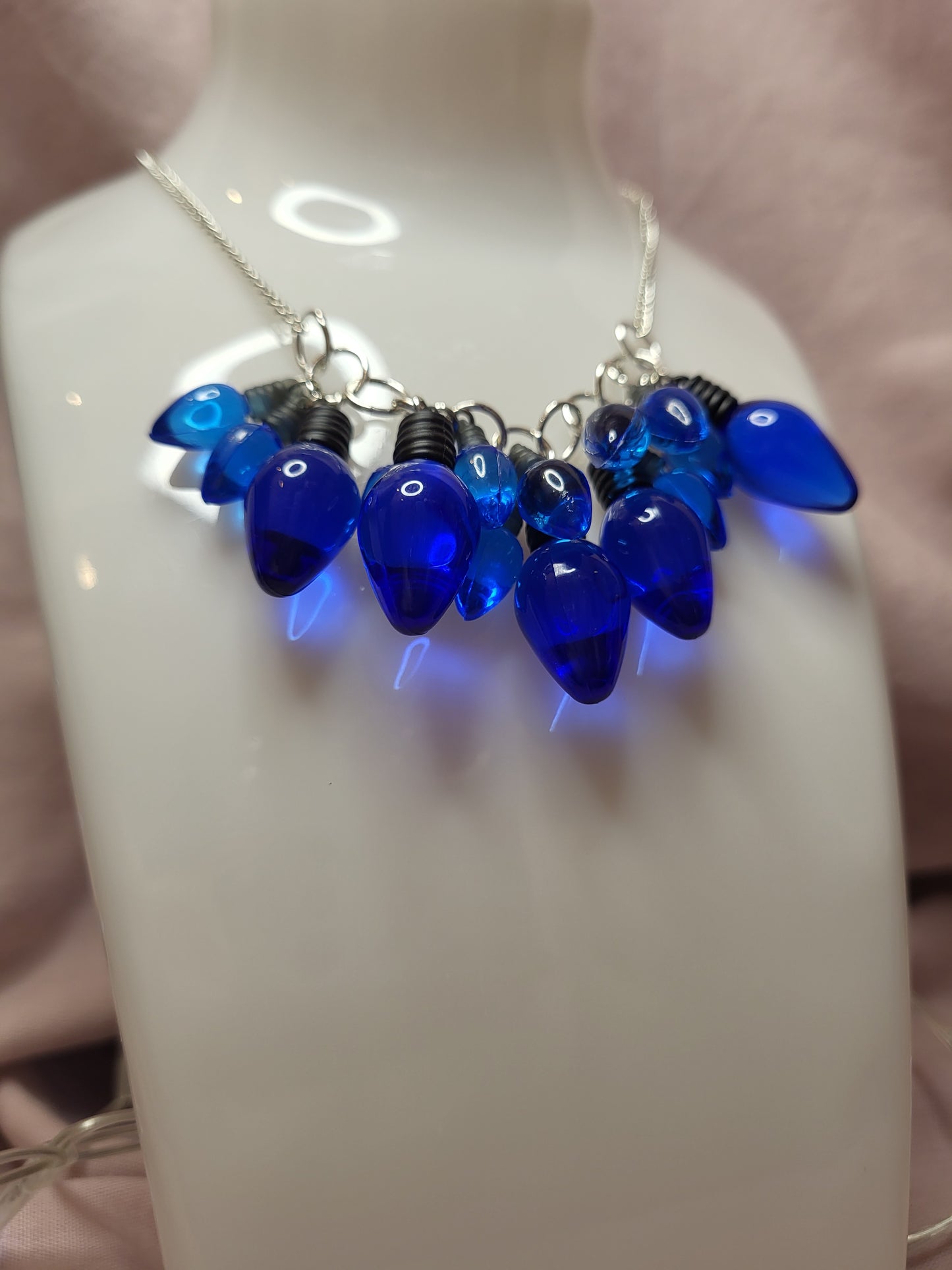 Blue Christmas Lights Statement Bib Necklace. Blue Jewellery. Quirky Christmas Necklace. Fairy Lights Necklace