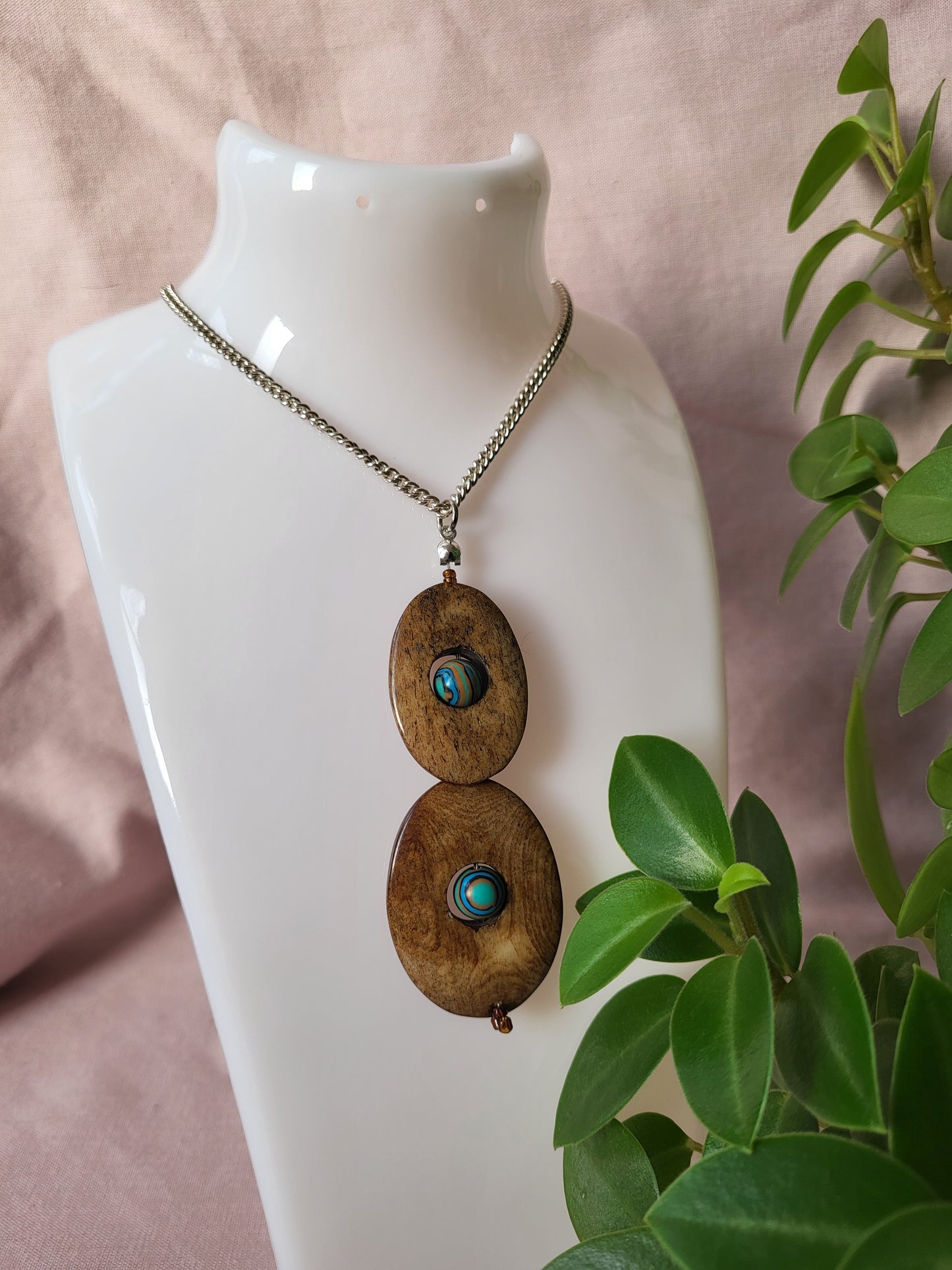 Wood Effect Double Oval Pendant with Blue Malachite Centre. Upcycled and One of a Kind
