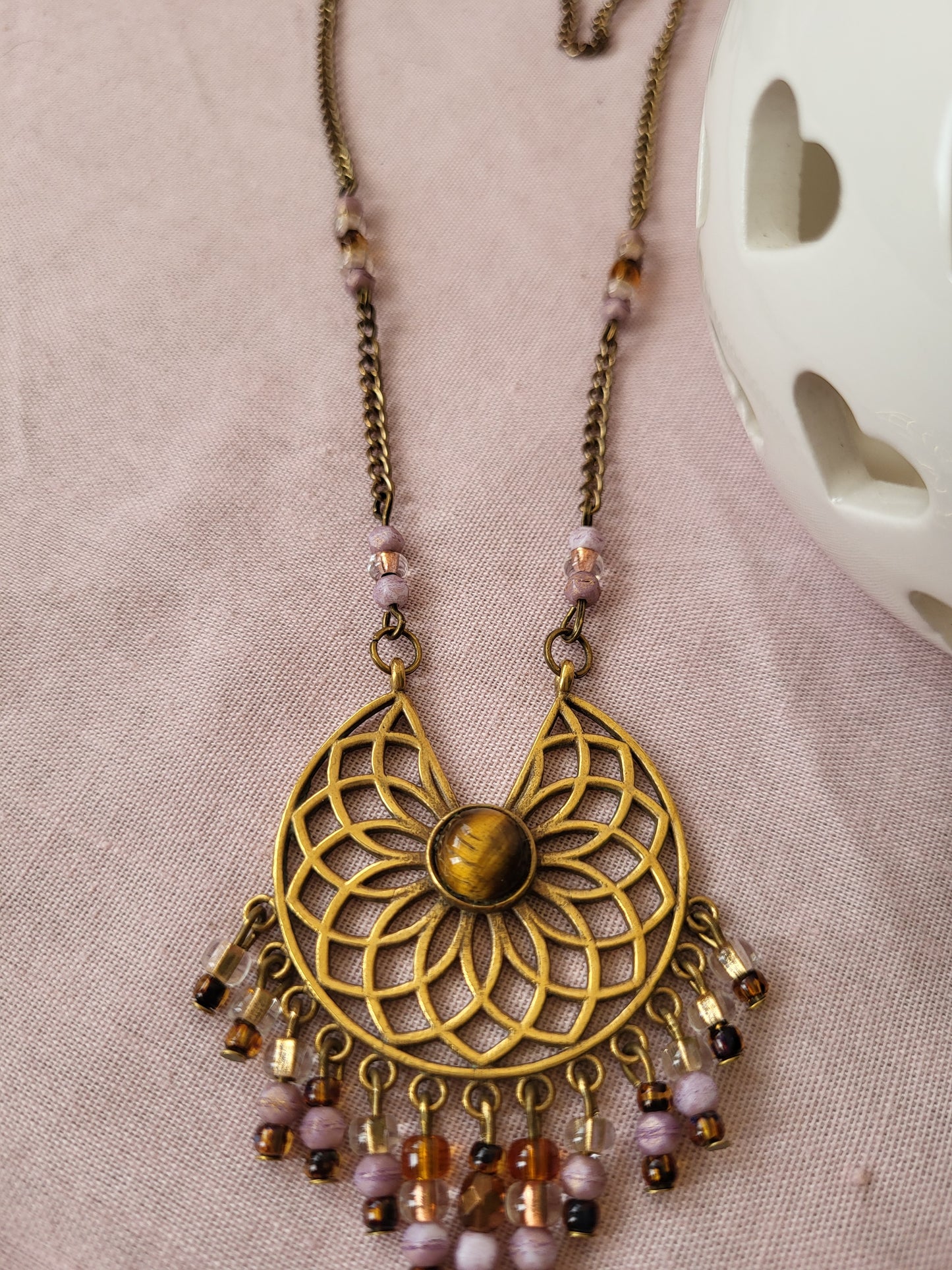 Gold Tone Pendant with Beaded Tassels. Upcycled and One of a Kind