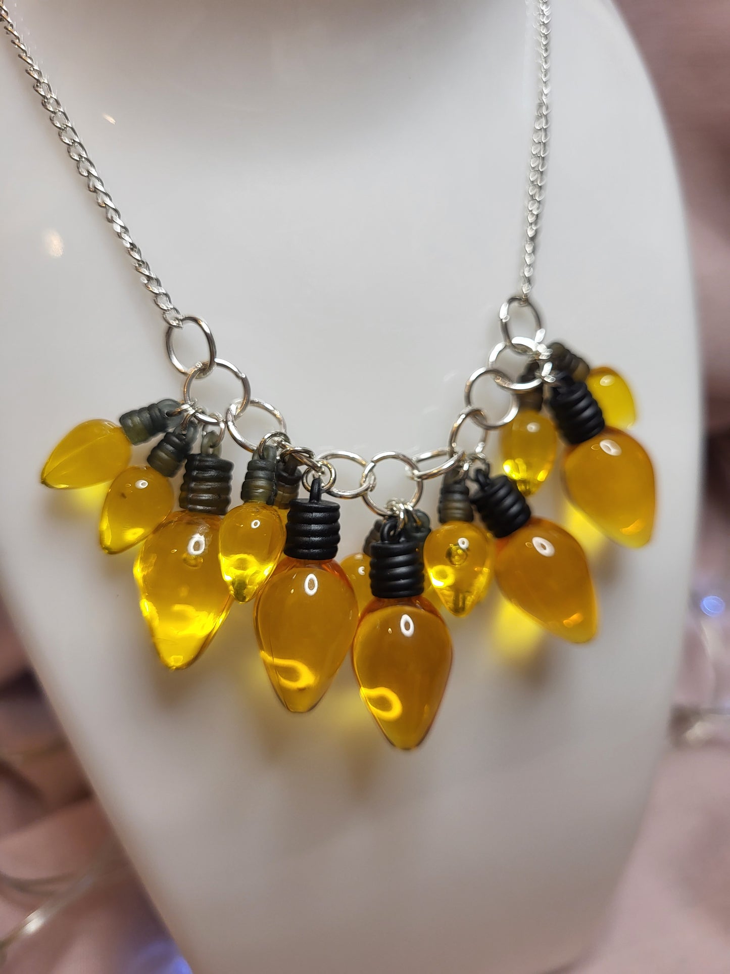 Yellow Gold Christmas Lights Statement Bib Necklace. Yellow Jewellery. Fun Christmas Jewellery. Bold Necklace