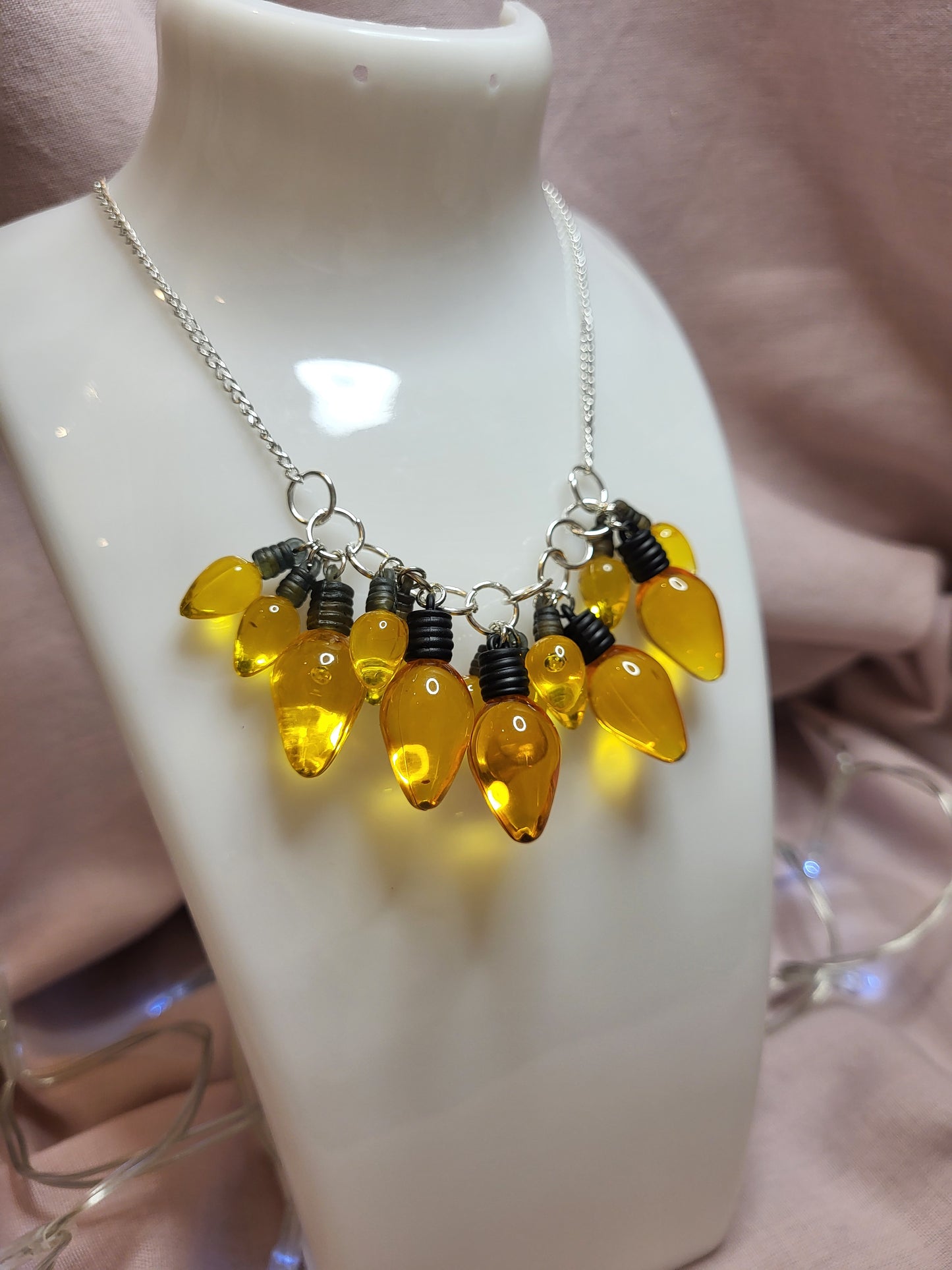 Yellow Gold Christmas Lights Statement Bib Necklace. Yellow Jewellery. Fun Christmas Jewellery. Bold Necklace