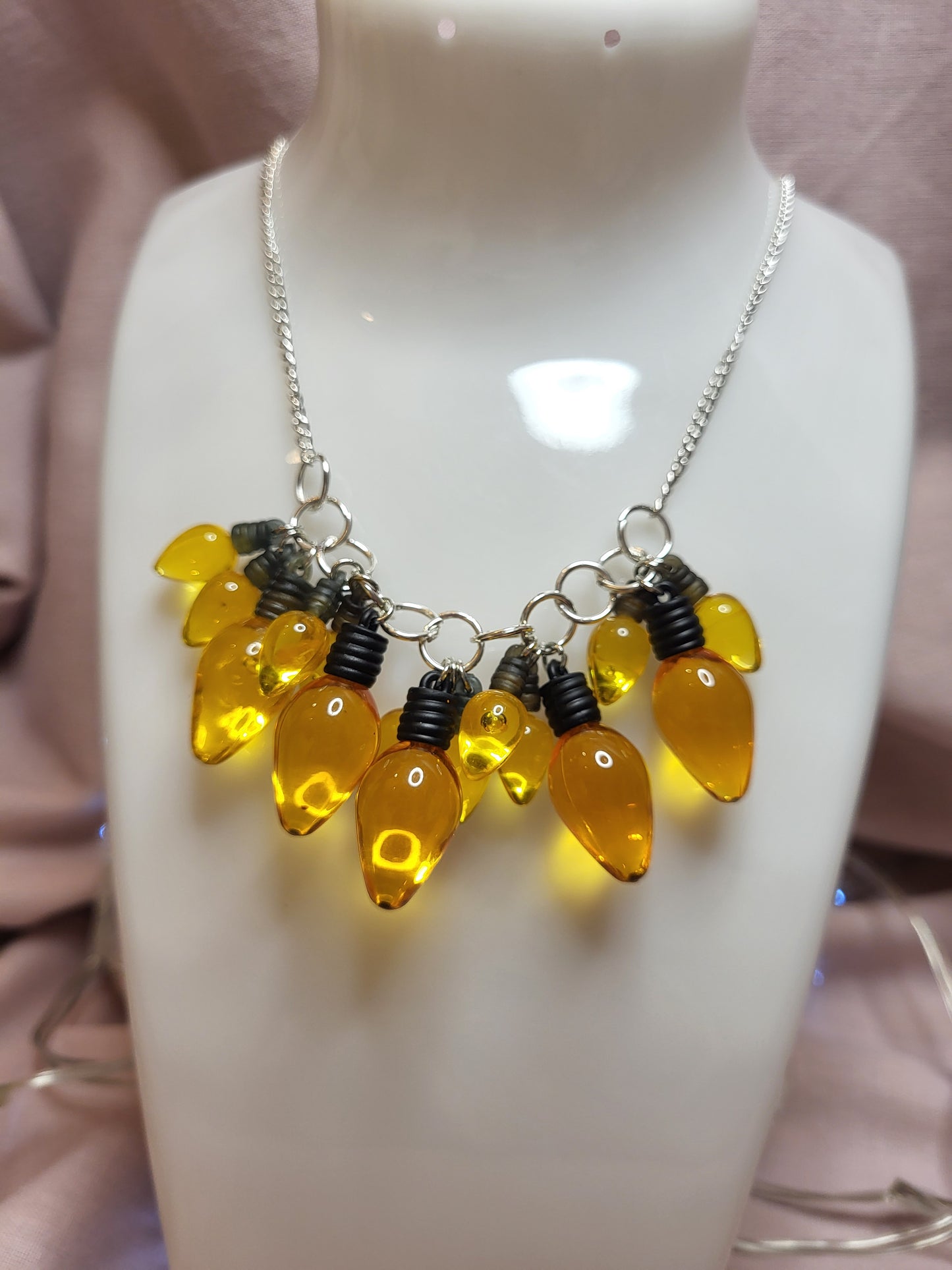 Yellow Gold Christmas Lights Statement Bib Necklace. Yellow Jewellery. Fun Christmas Jewellery. Bold Necklace
