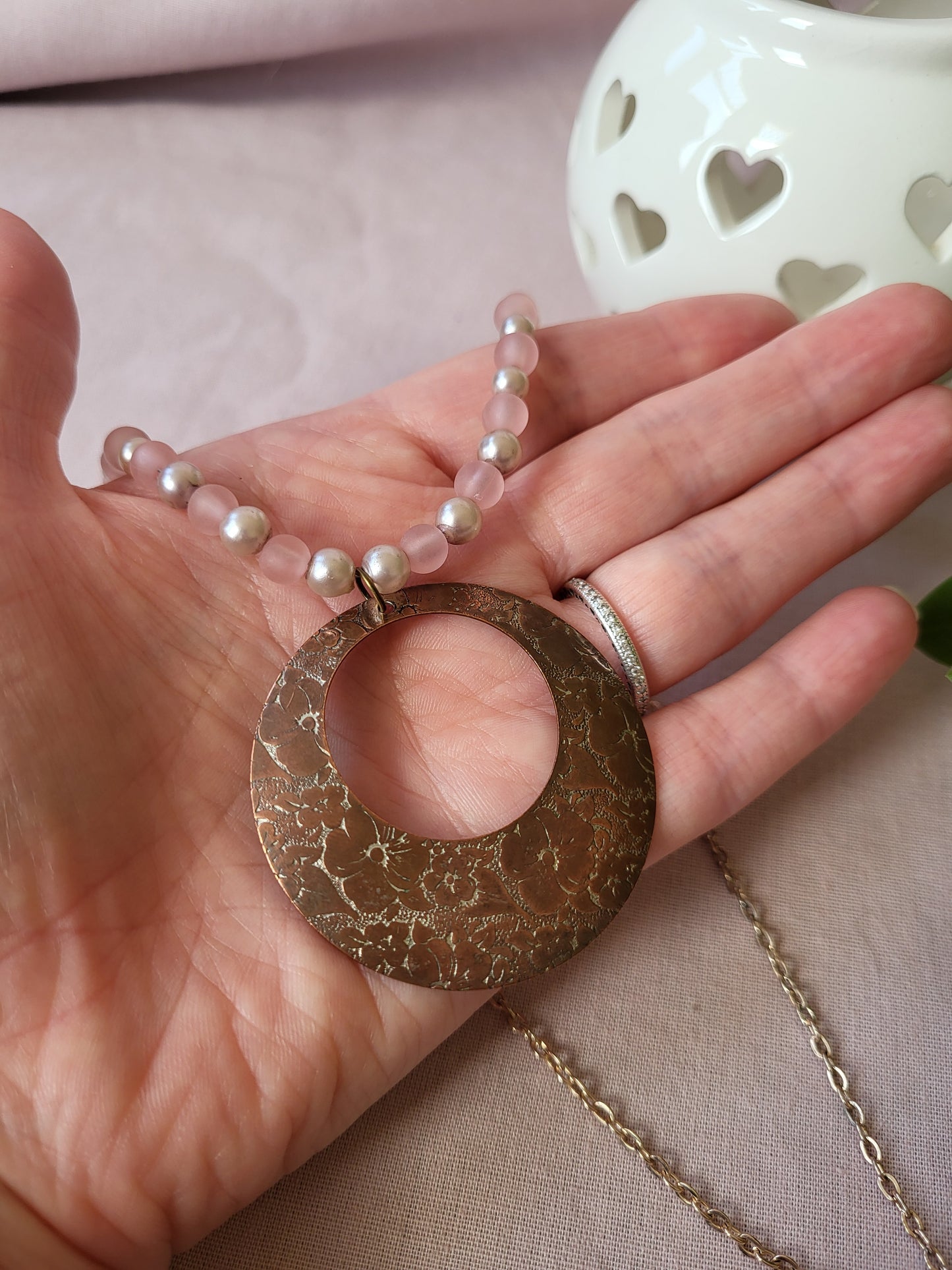 Upcycled Statement Necklace in Pink and Copper. One of a Kind.