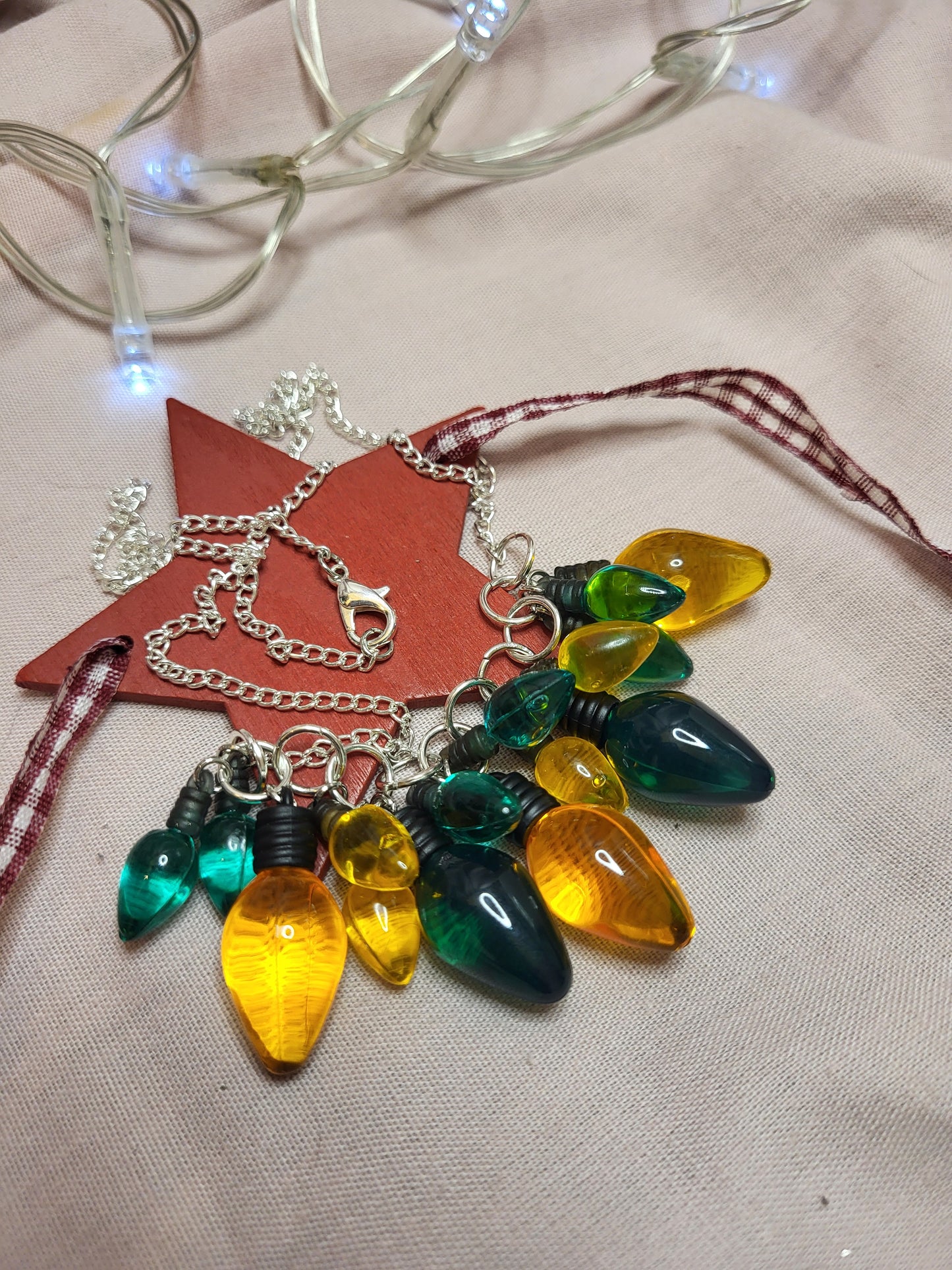 Green and Gold Christmas Lights Statement Bib Necklace. Bold Christmas Necklace. Fairy Lights Jewellery