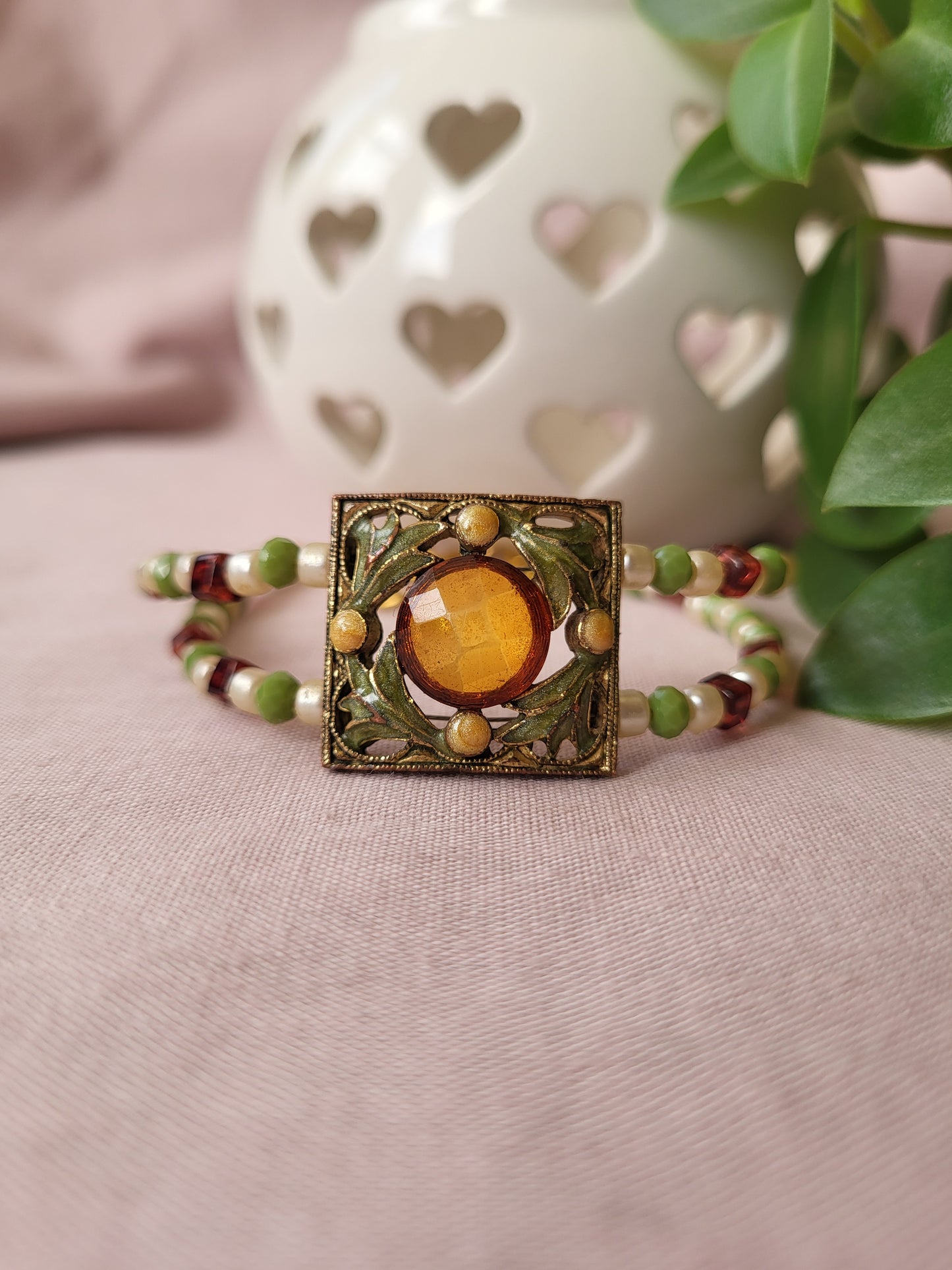 Upcycled Green, Ivory and Dark Red Beaded Bracelet with Ornate Pendant