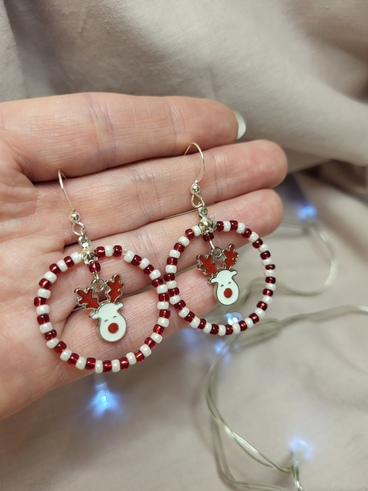Red and White Rudolph Beaded Ring Earrings. Clip On or Nickel Free Wires. Reindeer Earrings. Christmas Jewellery.