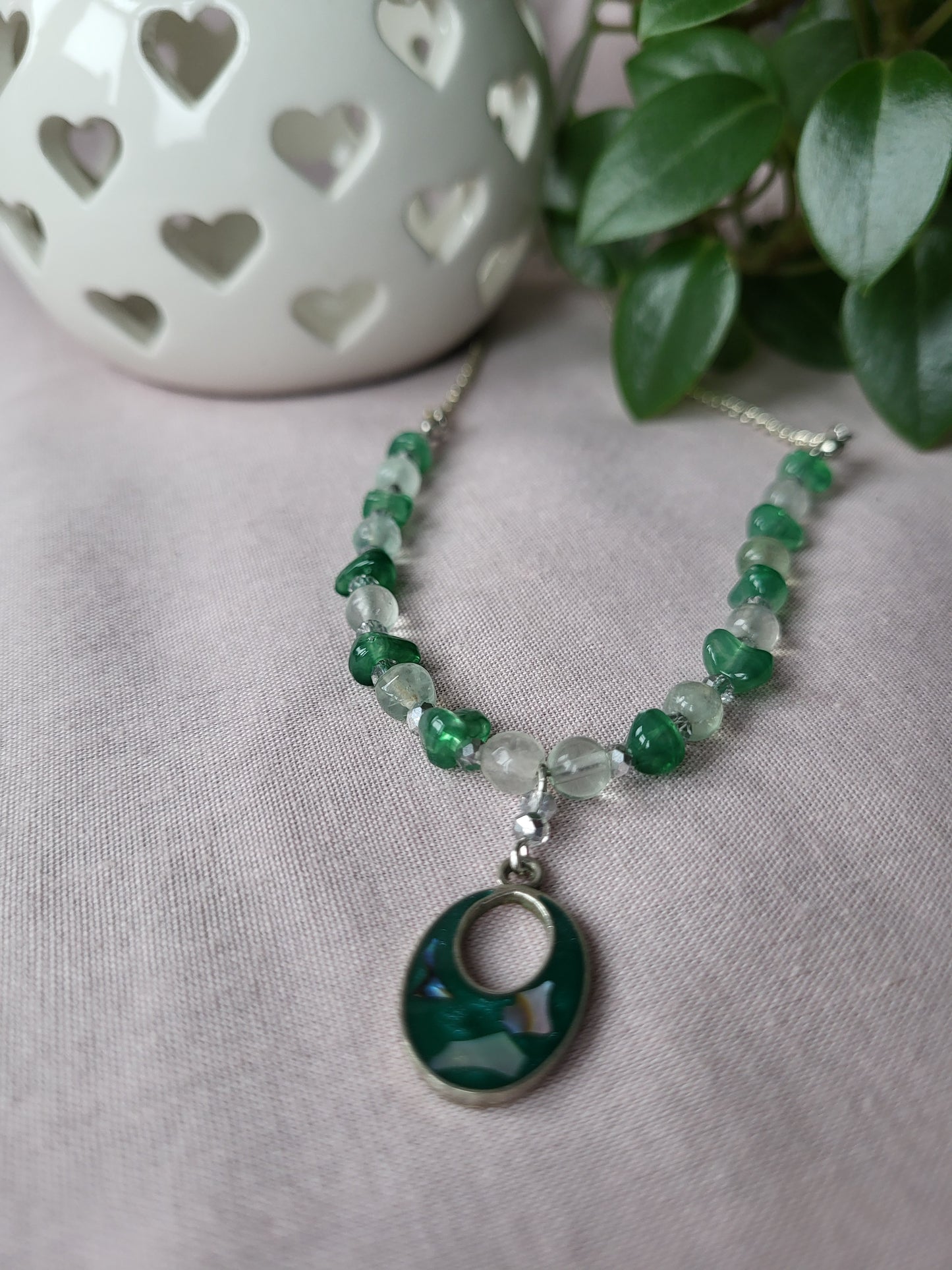 Green and Silver Upcycled Beaded Necklace with Shell Inlay Pendant