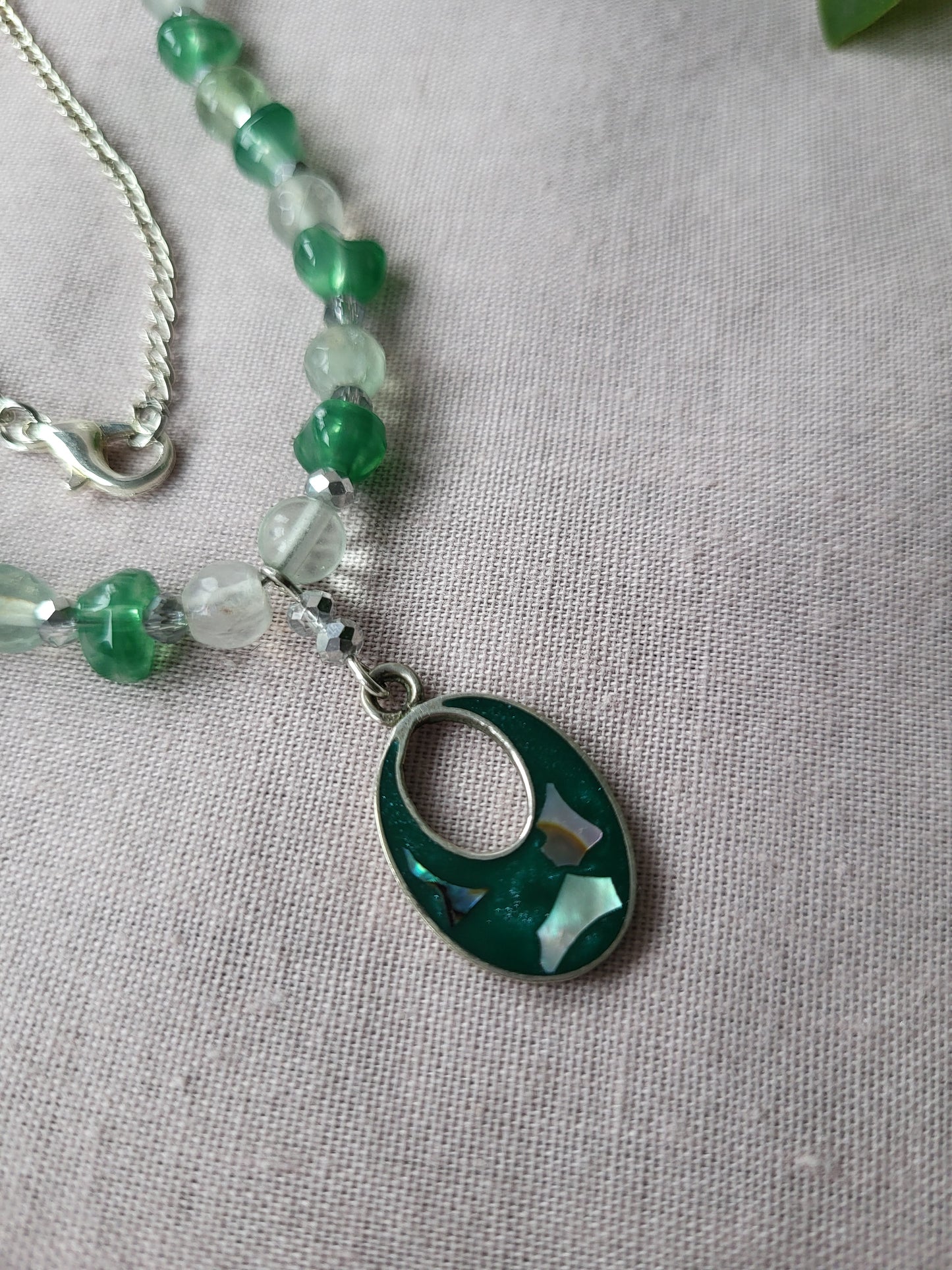 Green and Silver Upcycled Beaded Necklace with Shell Inlay Pendant