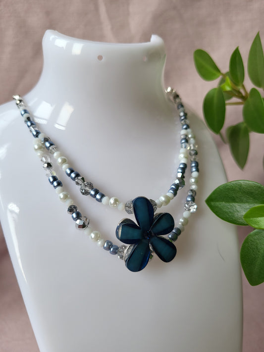 Upcycled Navy Blue and White Flower Beaded Necklace