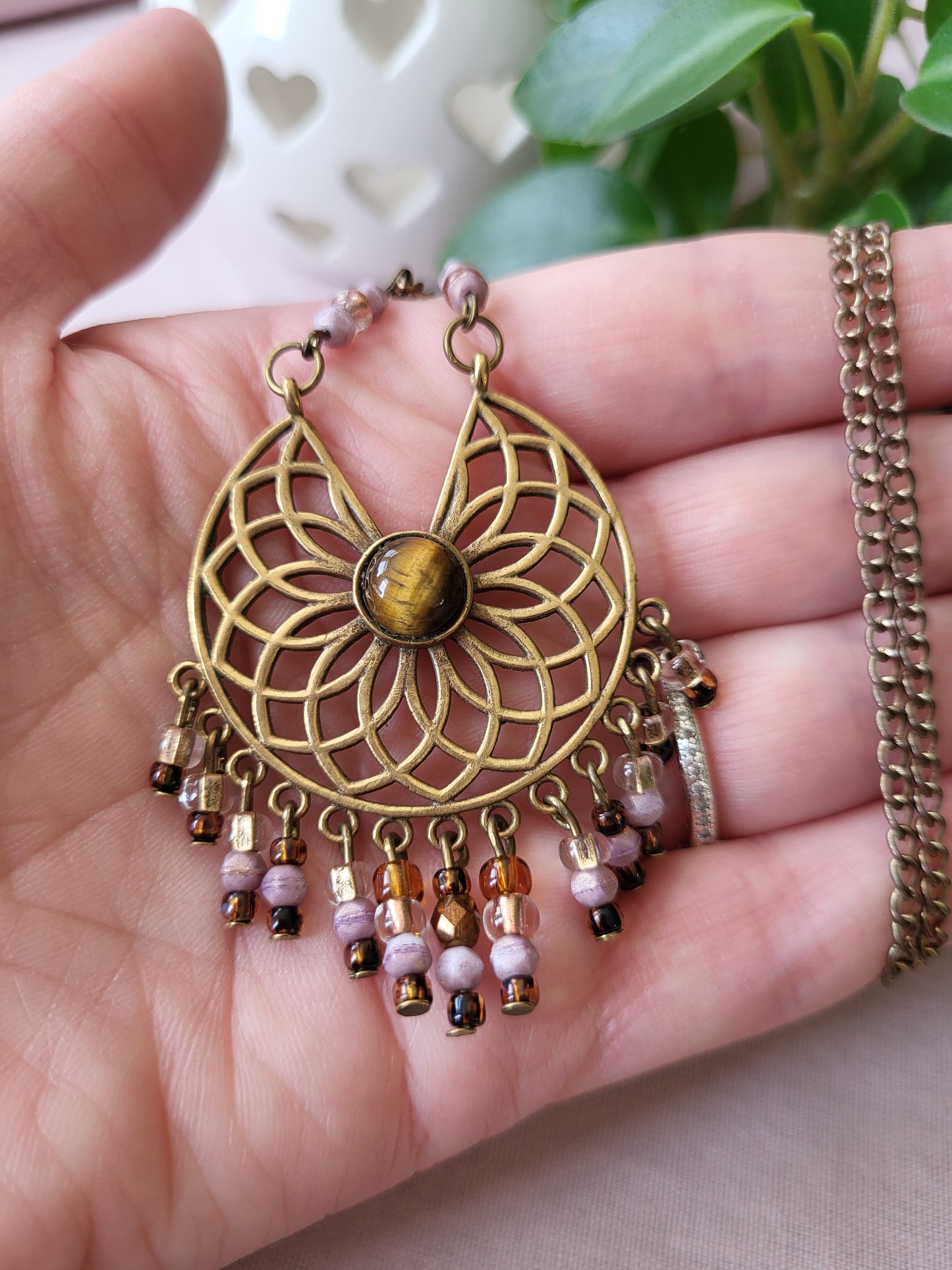 Gold Tone Pendant with Beaded Tassels. Upcycled and One of a Kind