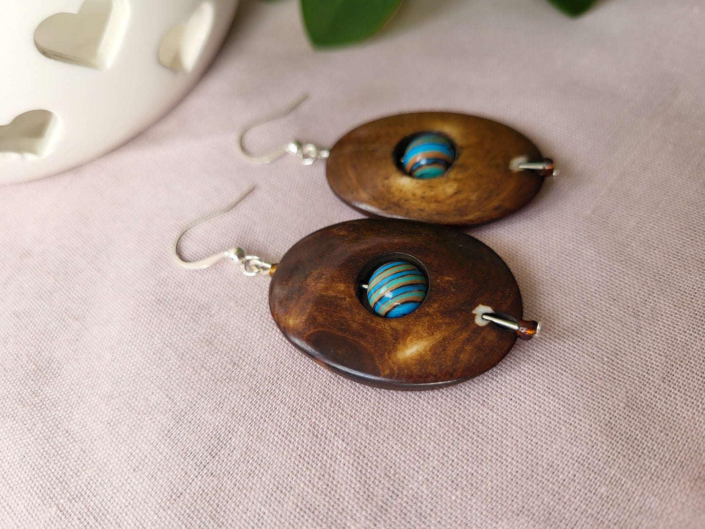 Wood Effect Oval Earrings with Blue Malachite Centre. Upcycled and One of a Kind. Clip On or Nickel Free Wires