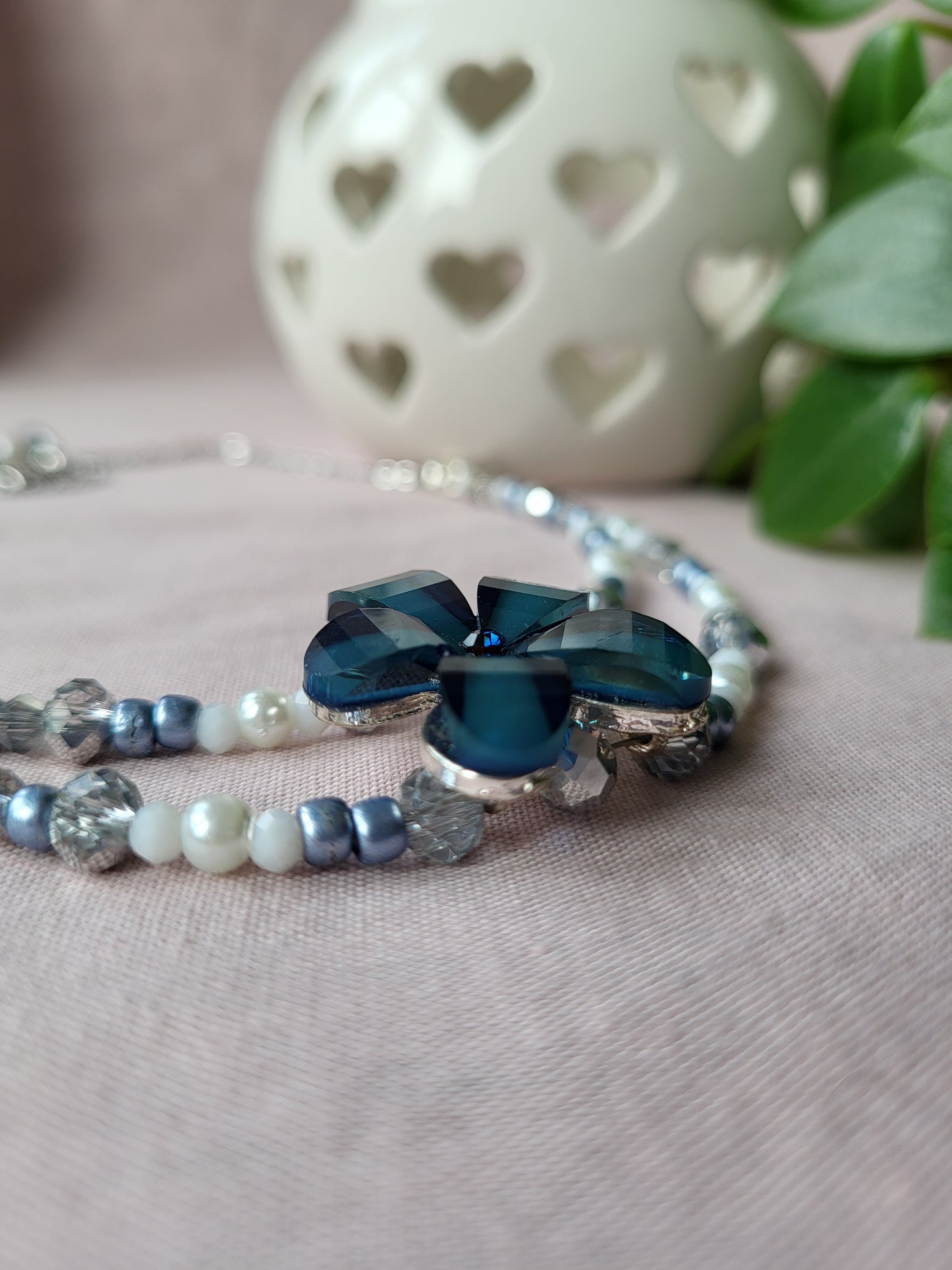 Upcycled Navy Blue and White Flower Beaded Necklace