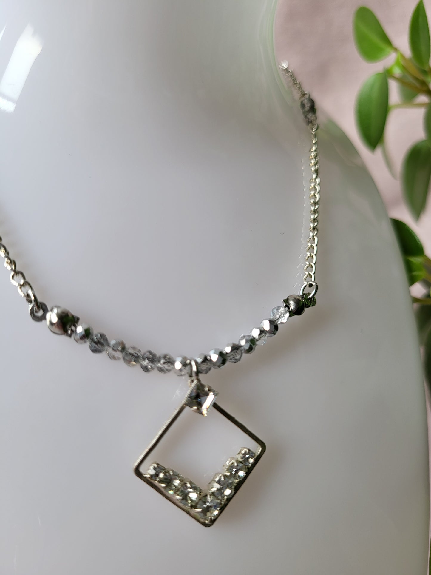 Upcycled Dainty Diamante Pendant Necklace with Beaded Details