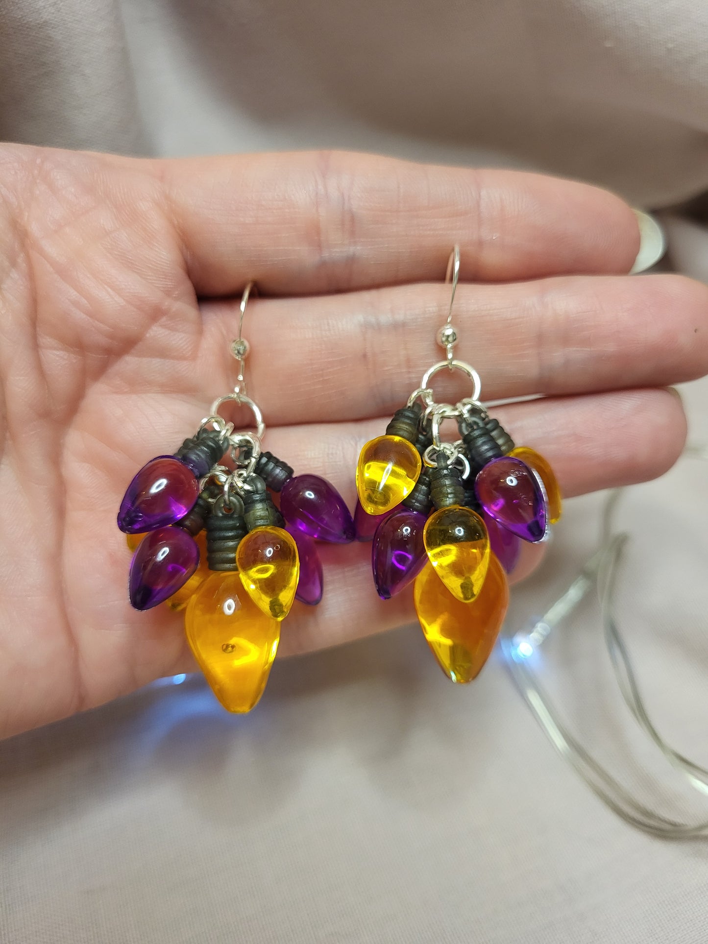 Purple and Gold Christmas Light Statement Earrings. Clip On or Nickel Free Wires. Bold Christmas Earrings. Christmas Jewellery.