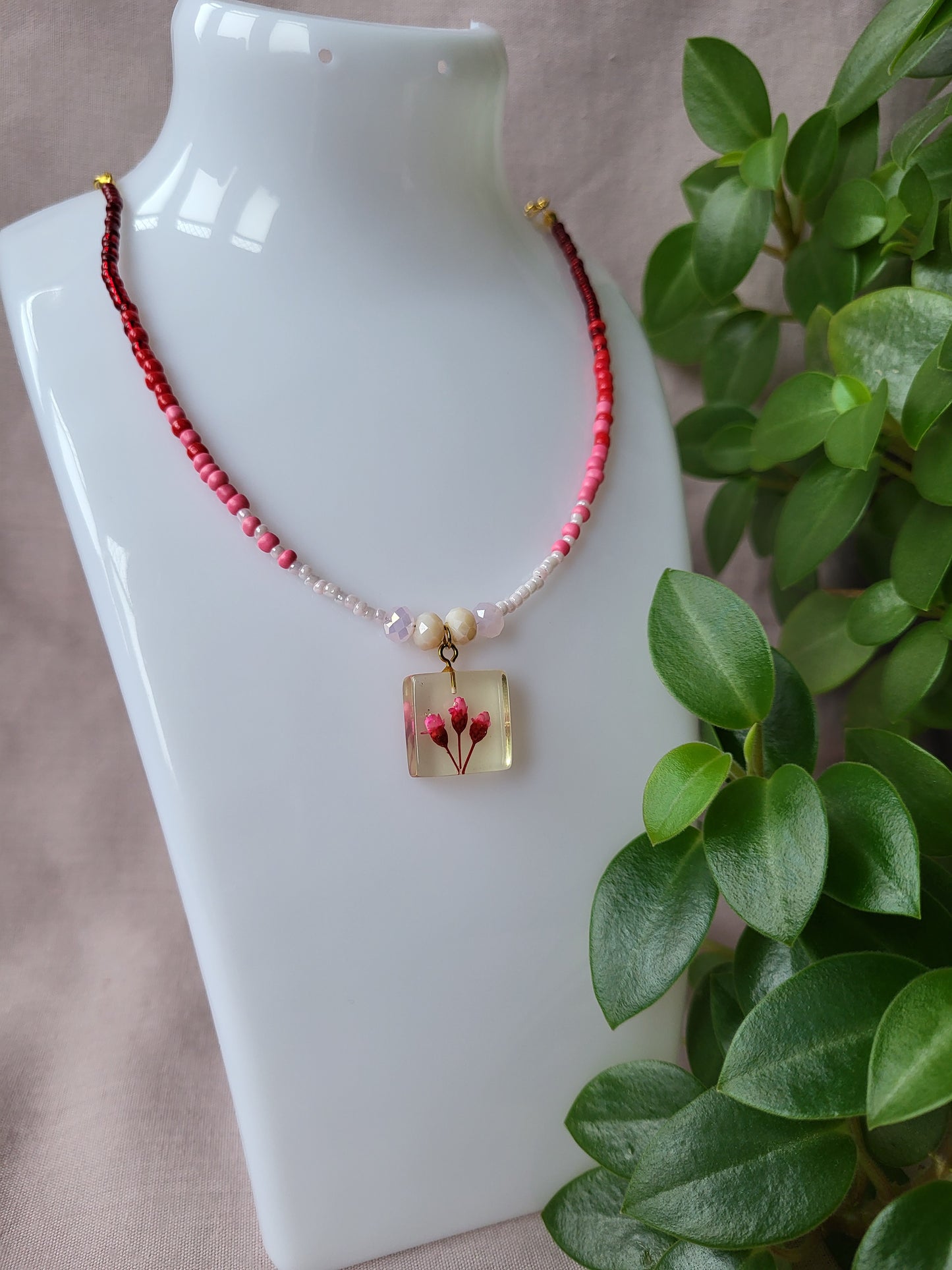 Red, Pink and White Floral Dainty Beaded Upcycled Necklace