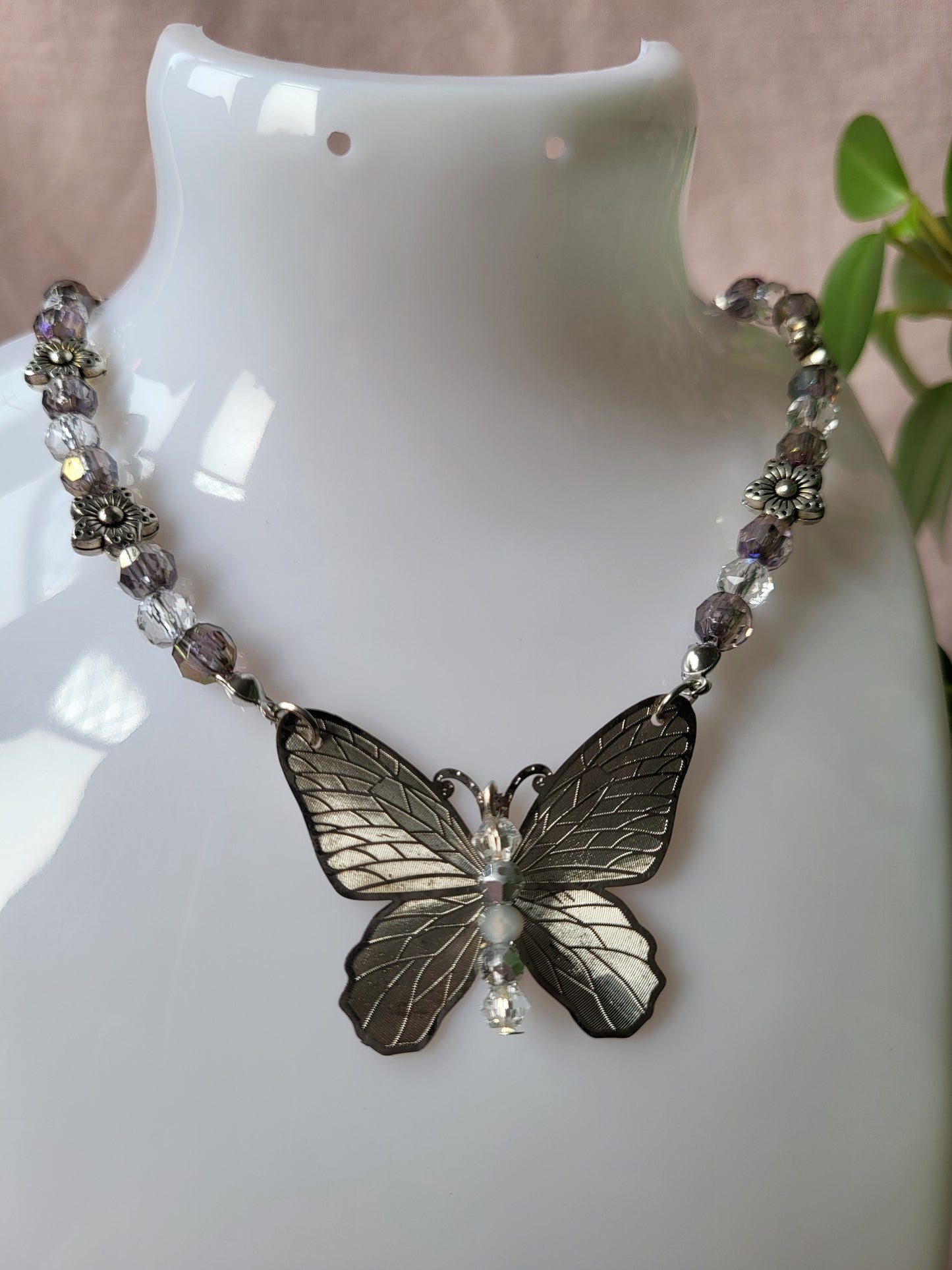 Upcycled Silver Beaded Butterfly Necklace