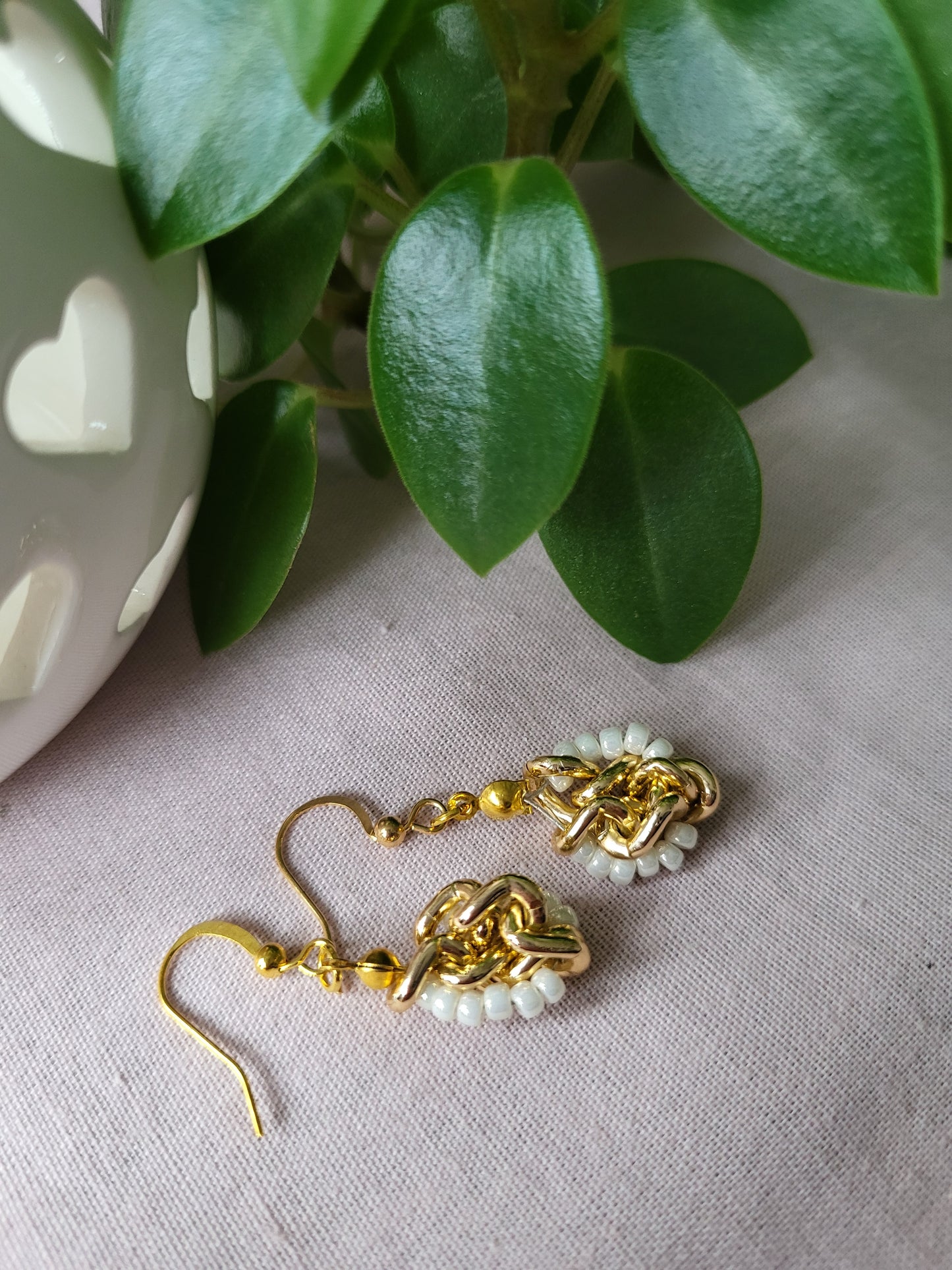 Gold and White Upcycled Earrings. Clip on or Wires