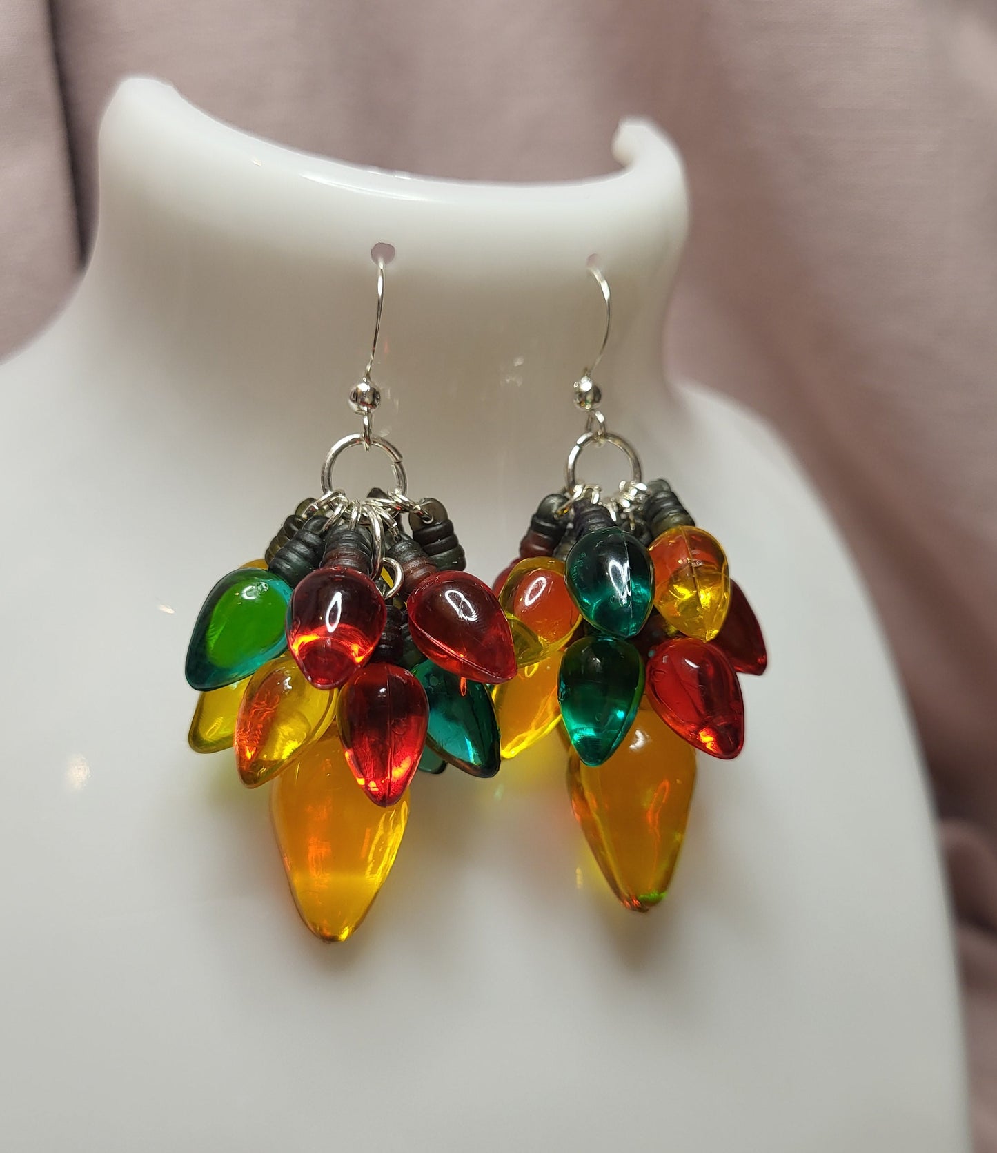 Gold, Red and Green Christmas Light Statement Earrings. Clip On or Nickel Free Wires. Novelty Christmas Jewellery. Fun Earrings.