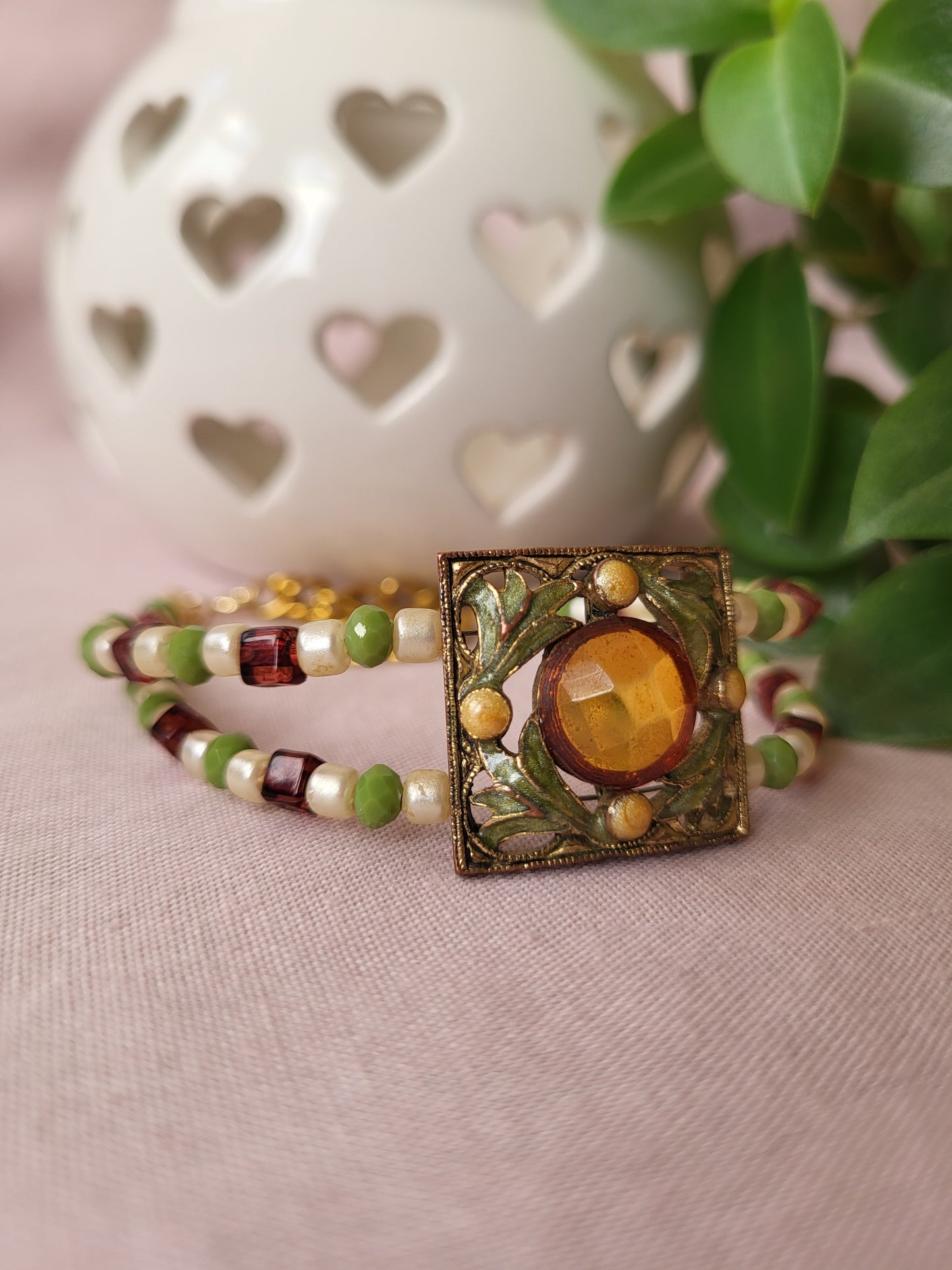 Upcycled Green, Ivory and Dark Red Beaded Bracelet with Ornate Pendant