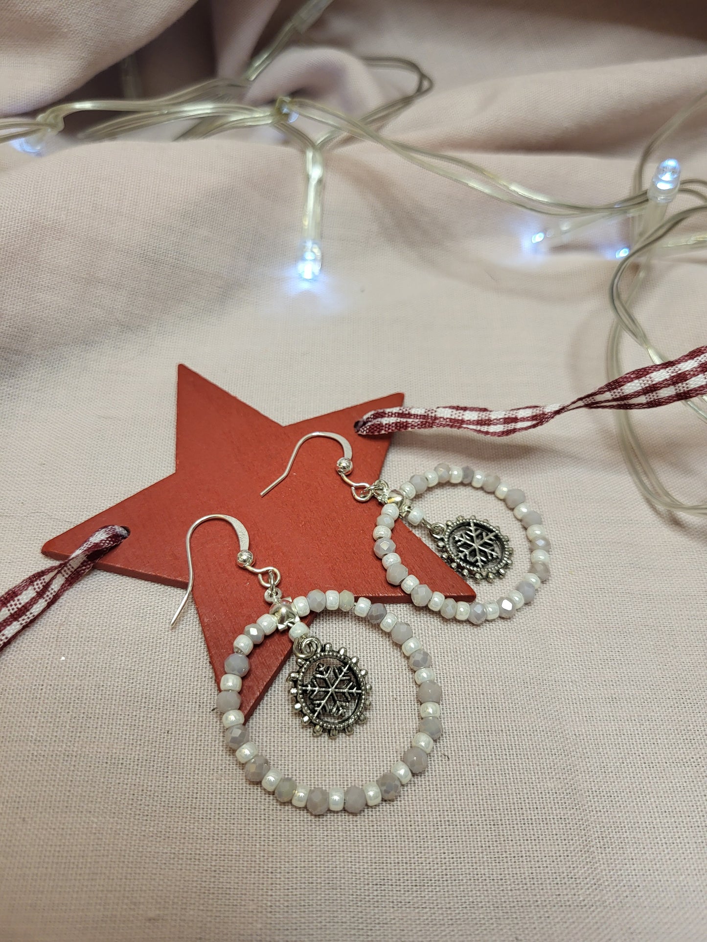 Lilac and White Beaded Snowflake Ring Earrings. Clip On or Nickel Free Wires. Christmas Earrings. Winter Jewellery.