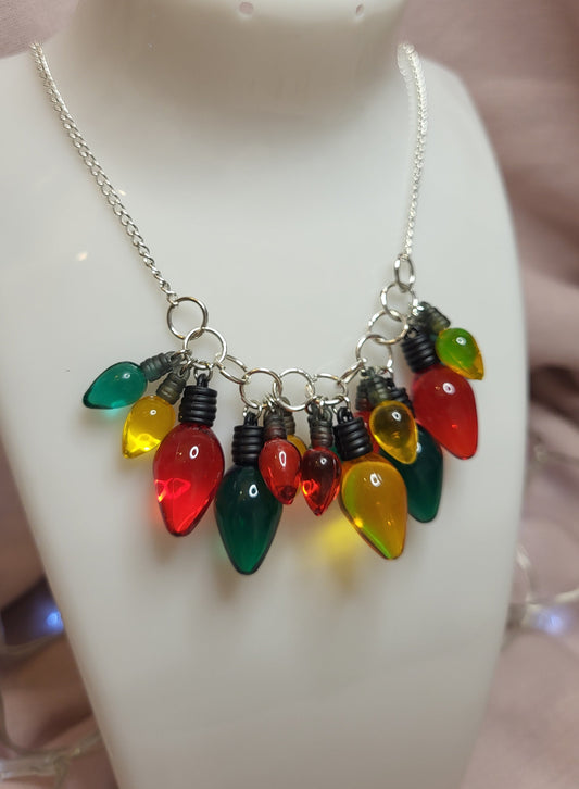 Red, Green and Gold Christmas Lights Statement Bib Necklace. Fairy Lights Necklace. Christmas Lover Jewellery