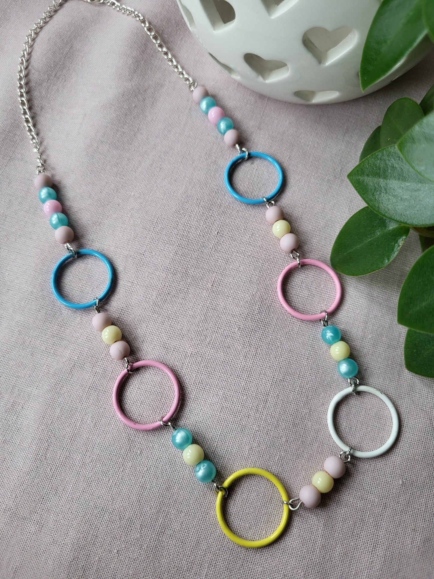 Pastel Coloured Upcycled Beaded and Ring Necklace