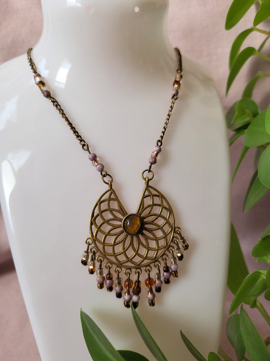 Gold Tone Pendant with Beaded Tassels. Upcycled and One of a Kind