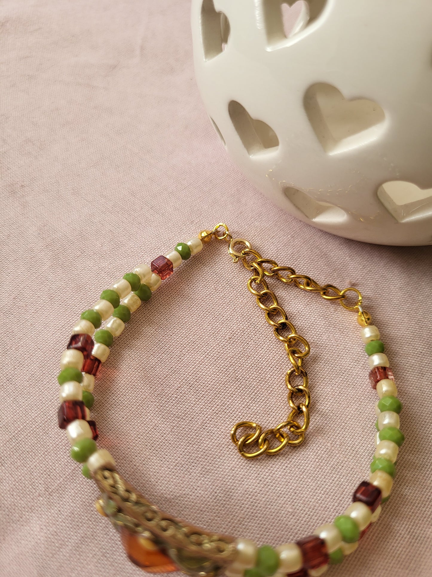 Upcycled Green, Ivory and Dark Red Beaded Bracelet with Ornate Pendant