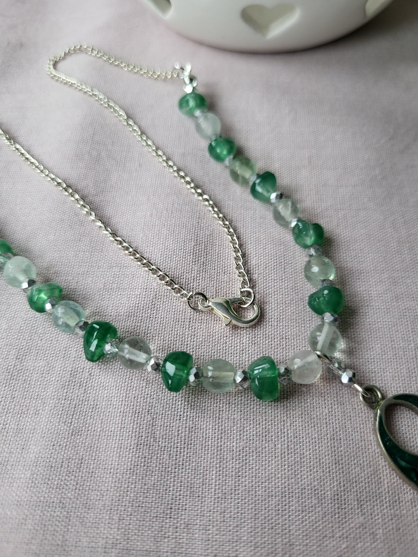 Green and Silver Upcycled Beaded Necklace with Shell Inlay Pendant