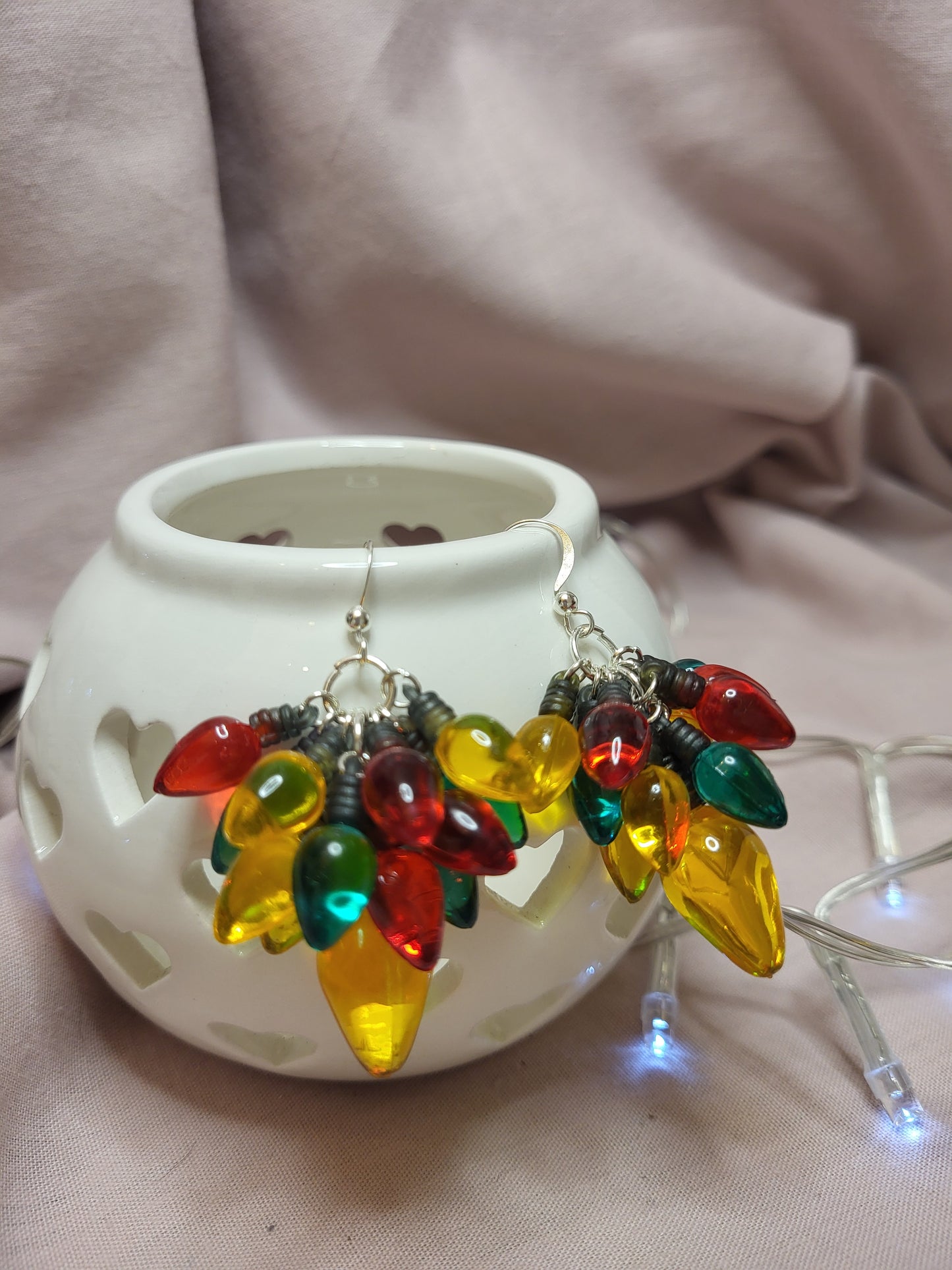 Gold, Red and Green Christmas Light Statement Earrings. Clip On or Nickel Free Wires. Novelty Christmas Jewellery. Fun Earrings.
