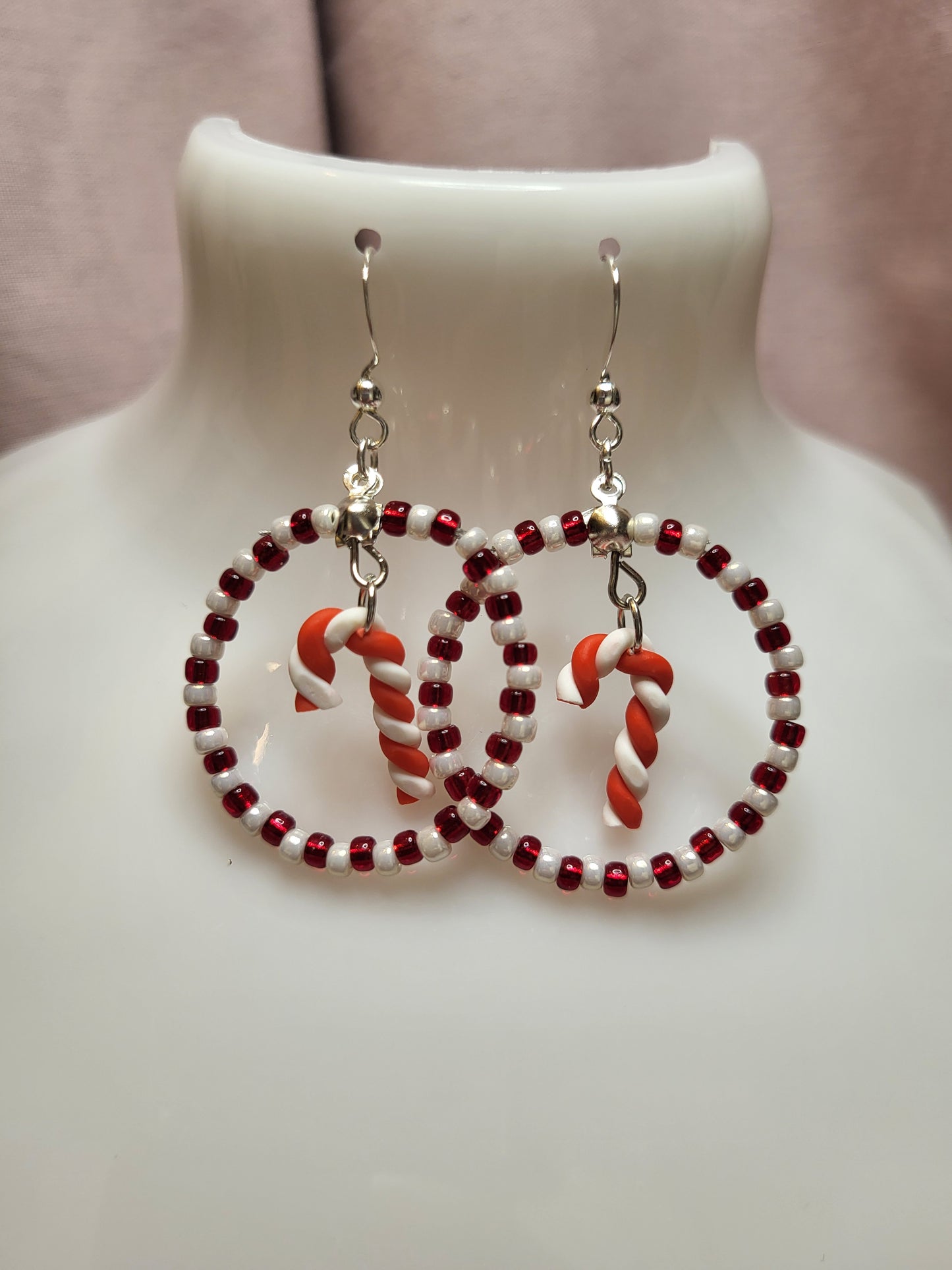 Red and White Candy Cane Beaded Ring Earrings. Clip On or Nickel Free Wires. Christmas  Earrings. One of a Kind.