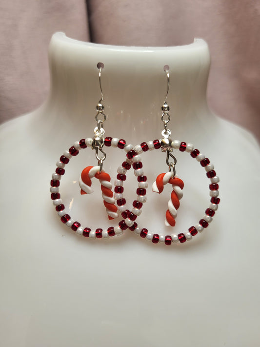 Red and White Candy Cane Beaded Ring Earrings. Clip On or Nickel Free Wires. Christmas  Earrings. One of a Kind.