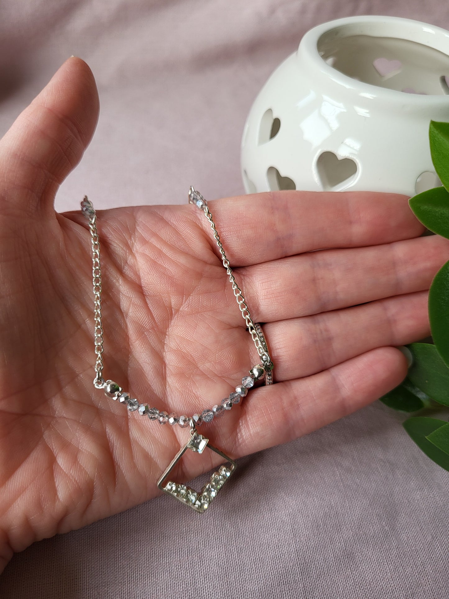 Upcycled Dainty Diamante Pendant Necklace with Beaded Details