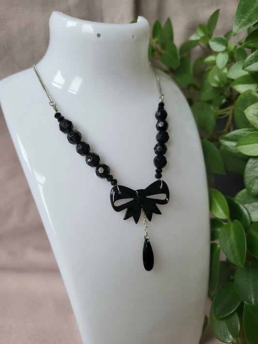 Black Bow Upcycled Beaded Bib Necklace