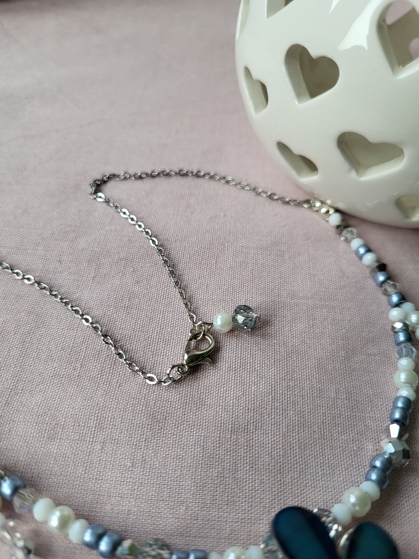 Upcycled Navy Blue and White Flower Beaded Necklace