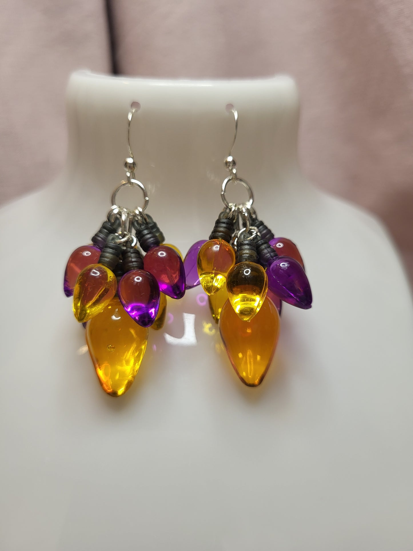 Purple and Gold Christmas Light Statement Earrings. Clip On or Nickel Free Wires. Bold Christmas Earrings. Christmas Jewellery.