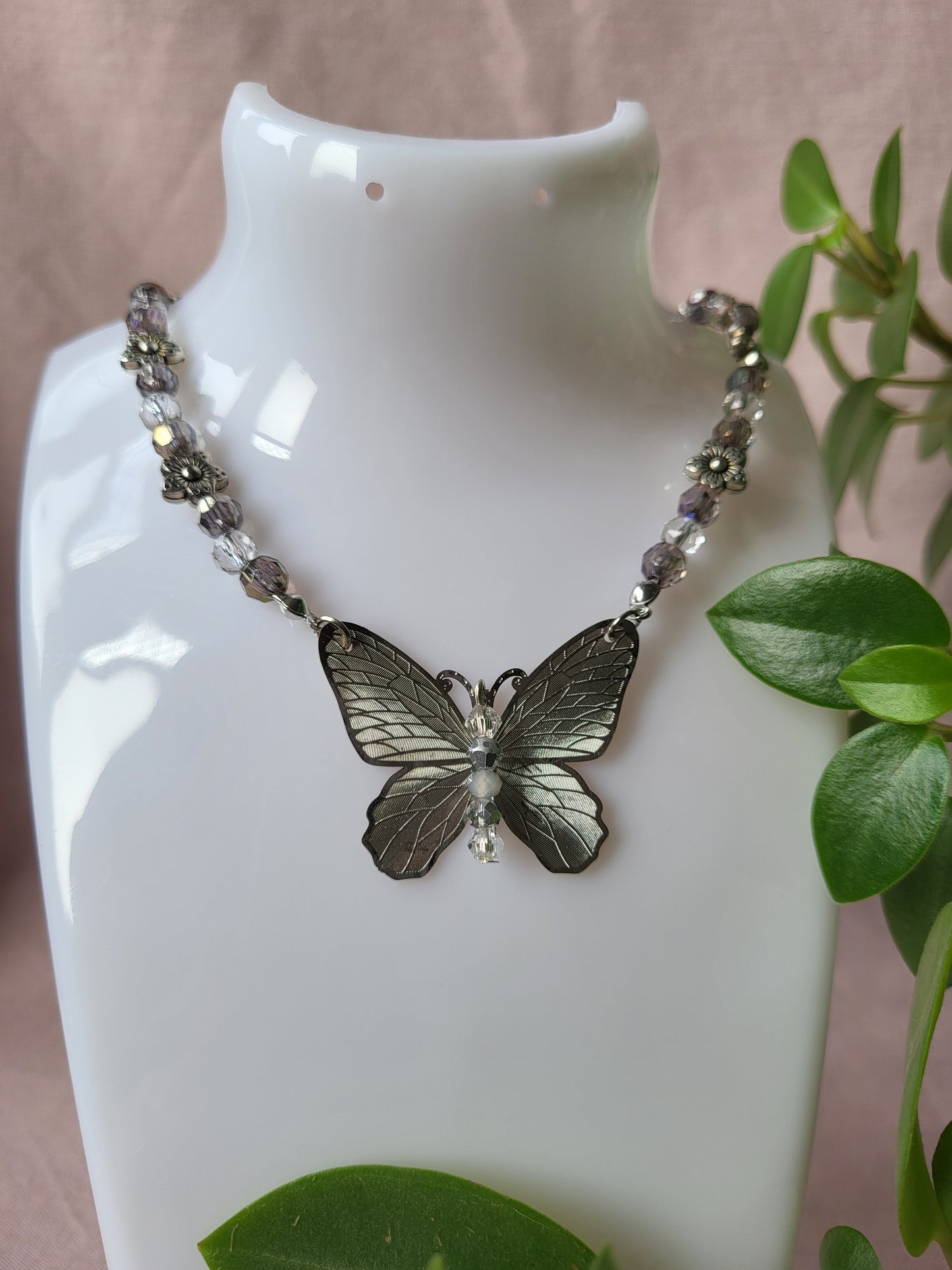 Upcycled Silver Beaded Butterfly Necklace