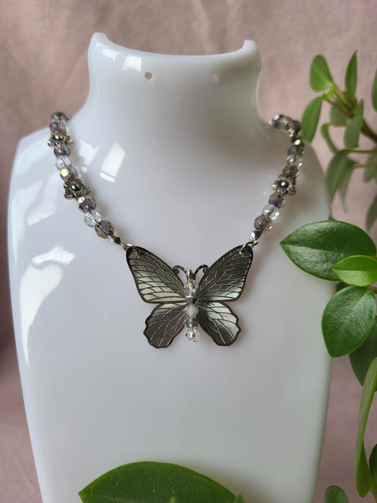 Upcycled Silver Beaded Butterfly Necklace