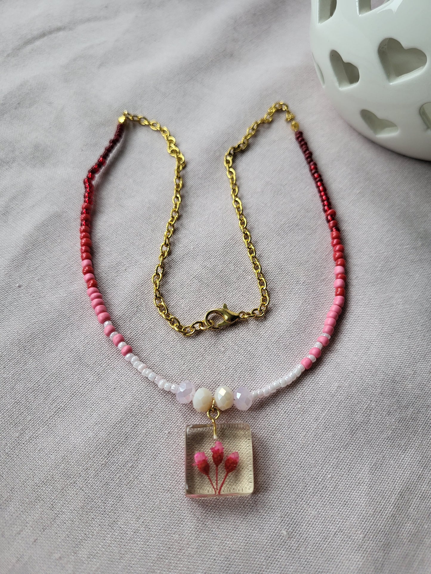 Red, Pink and White Floral Dainty Beaded Upcycled Necklace
