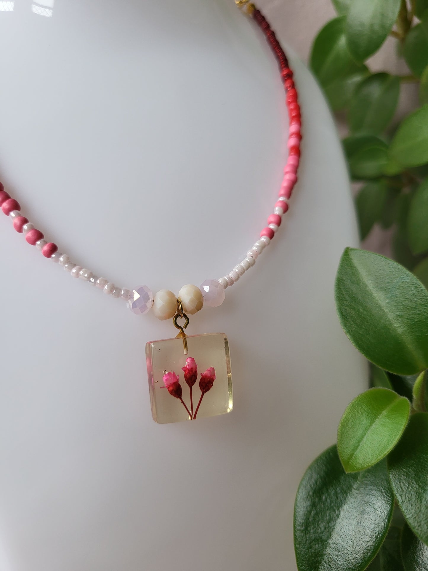 Red, Pink and White Floral Dainty Beaded Upcycled Necklace