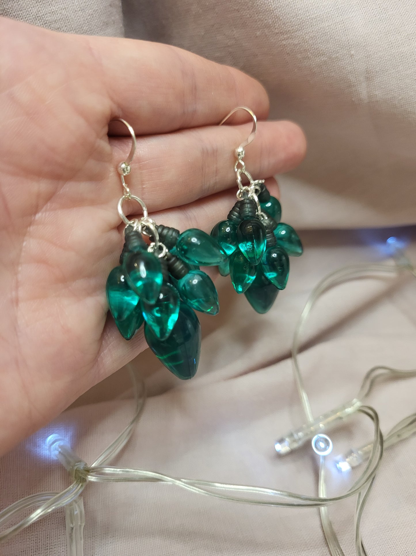 Green Christmas Light Statement Earrings. Clip On or Nickel Free Wires. Christmas Jewellery. Fairy Lights
