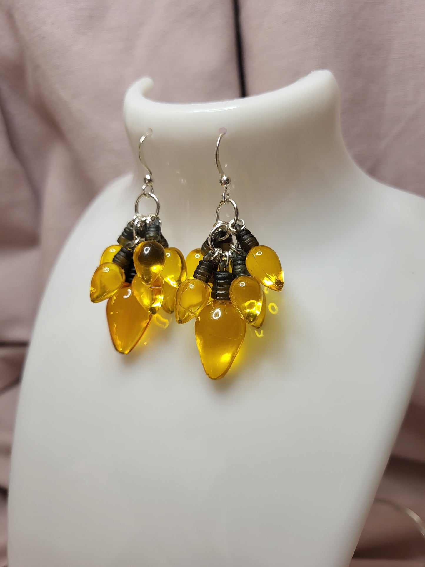 Yellow Gold Christmas Light Statement Earrings. Clip On or Nickel Free Wires. Fairy Light Earrings. Christmas Lover Gift.