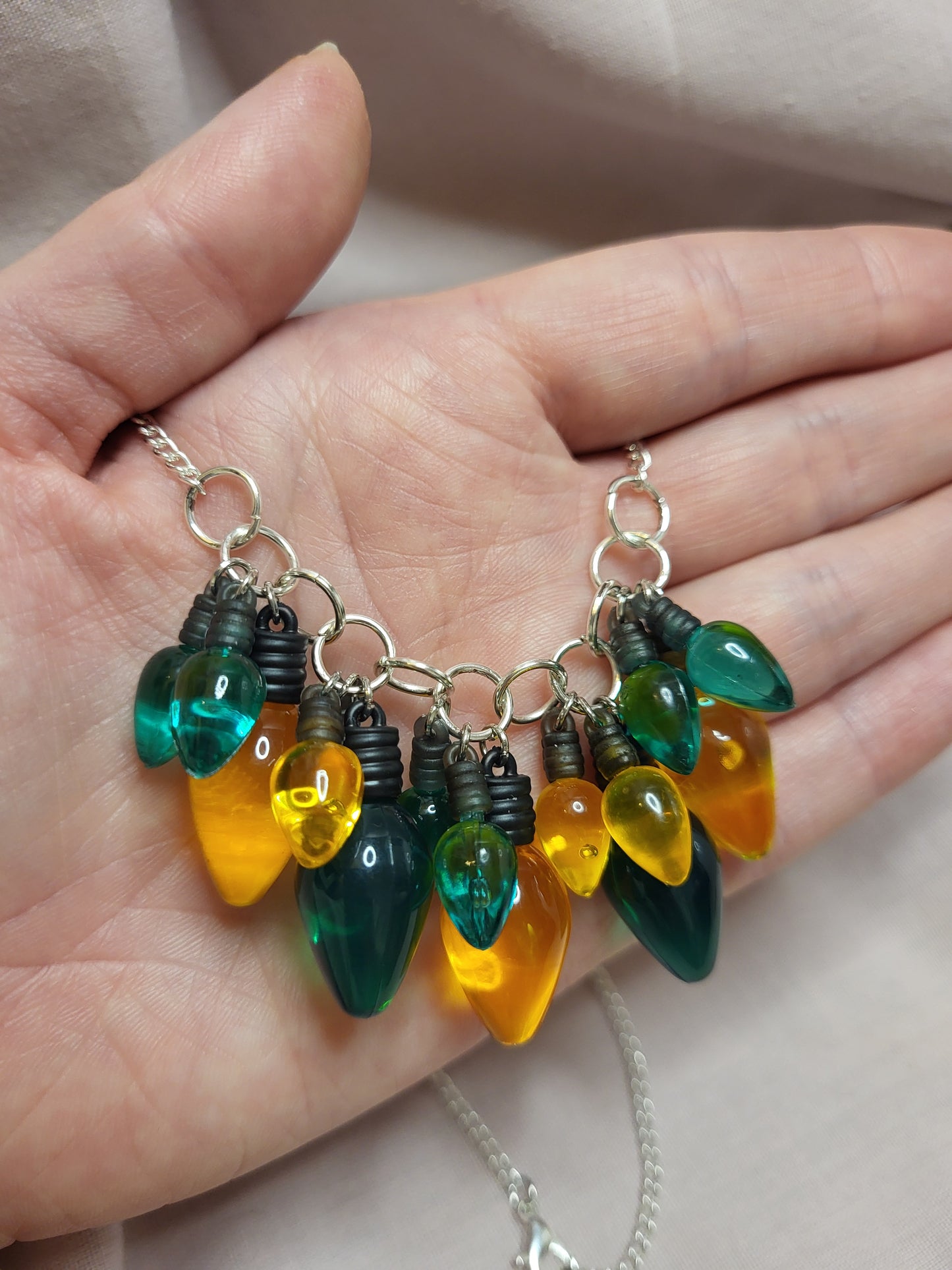 Green and Gold Christmas Lights Statement Bib Necklace. Bold Christmas Necklace. Fairy Lights Jewellery